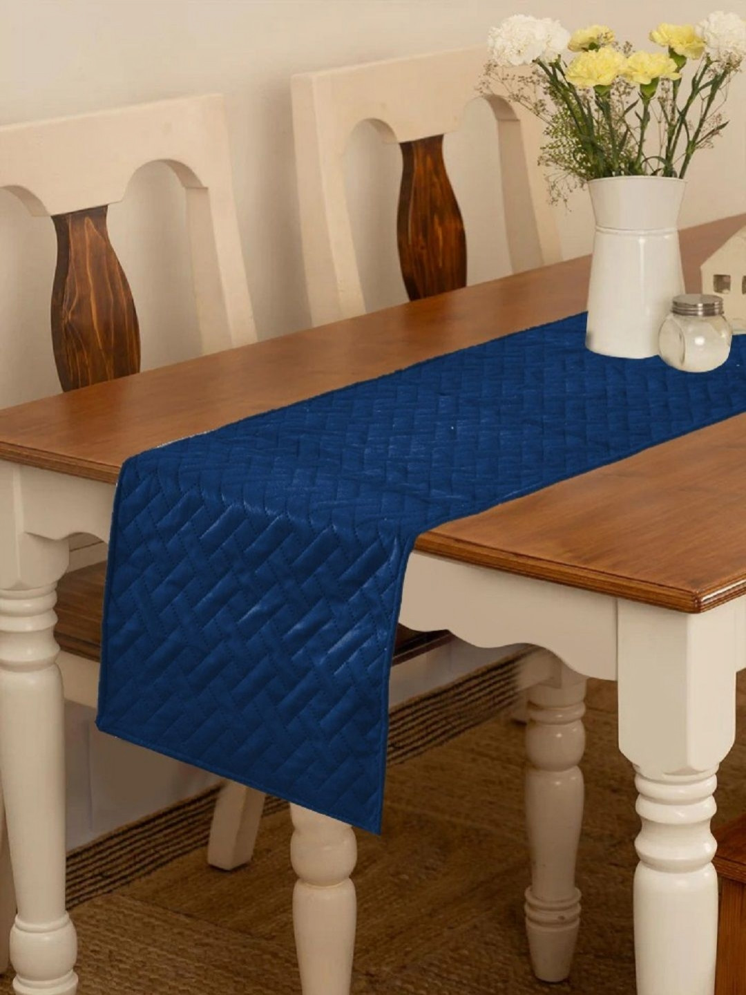 Myntra Elegant Homes Blue Quilted Velvet Table Runner