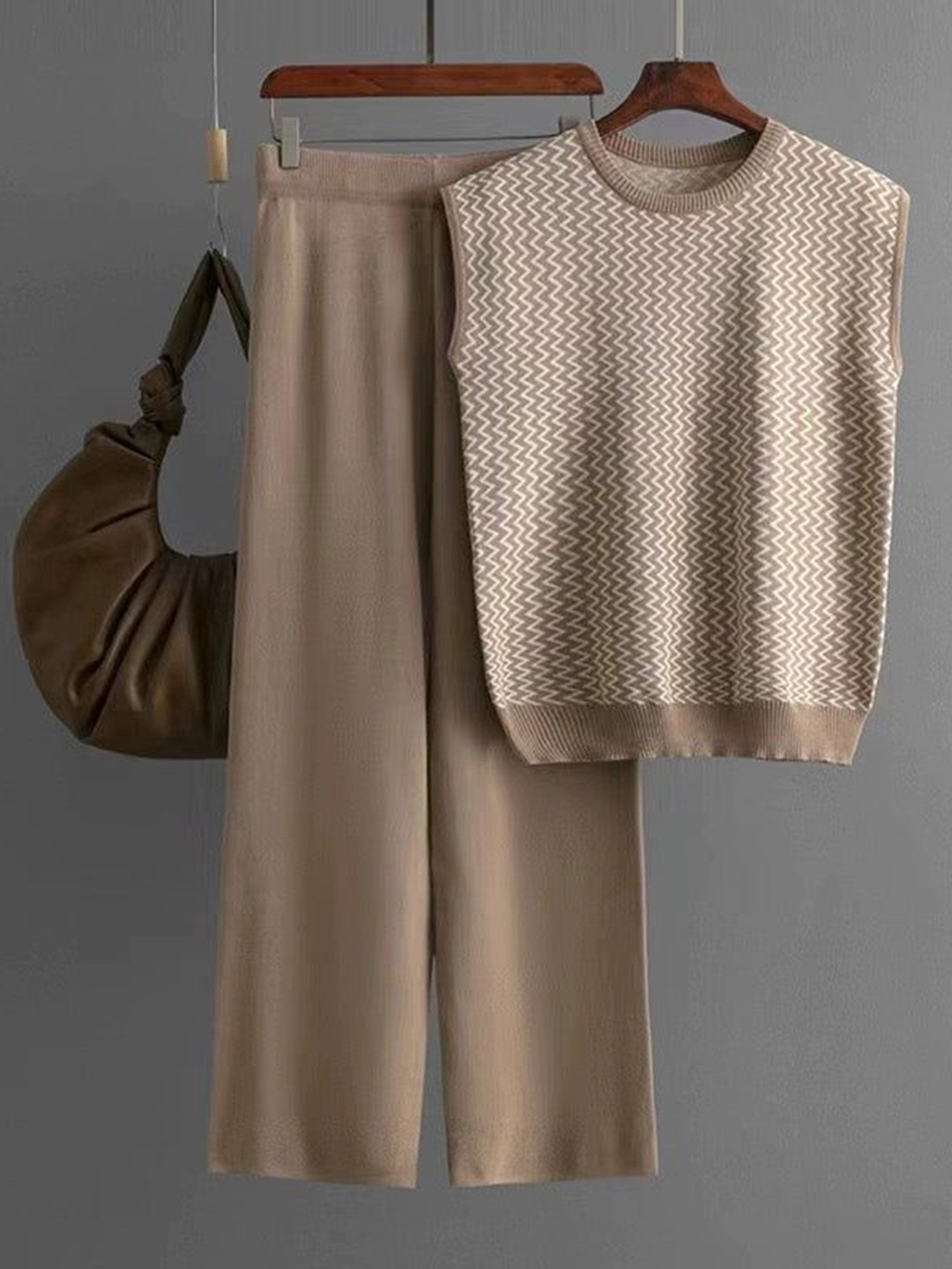 Miss Mosa By Akanksha  Brown Robert Knitted Cotton Sweater & Trousers Co-ord Set