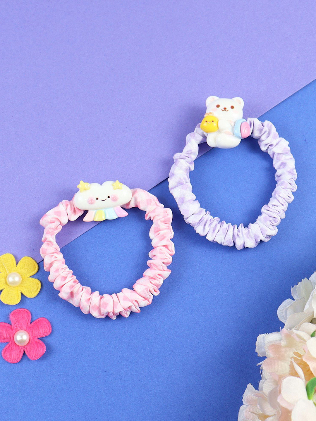 Asthetika Set of 2 Girls Teddy Bear Charms Fabric Hair Ties