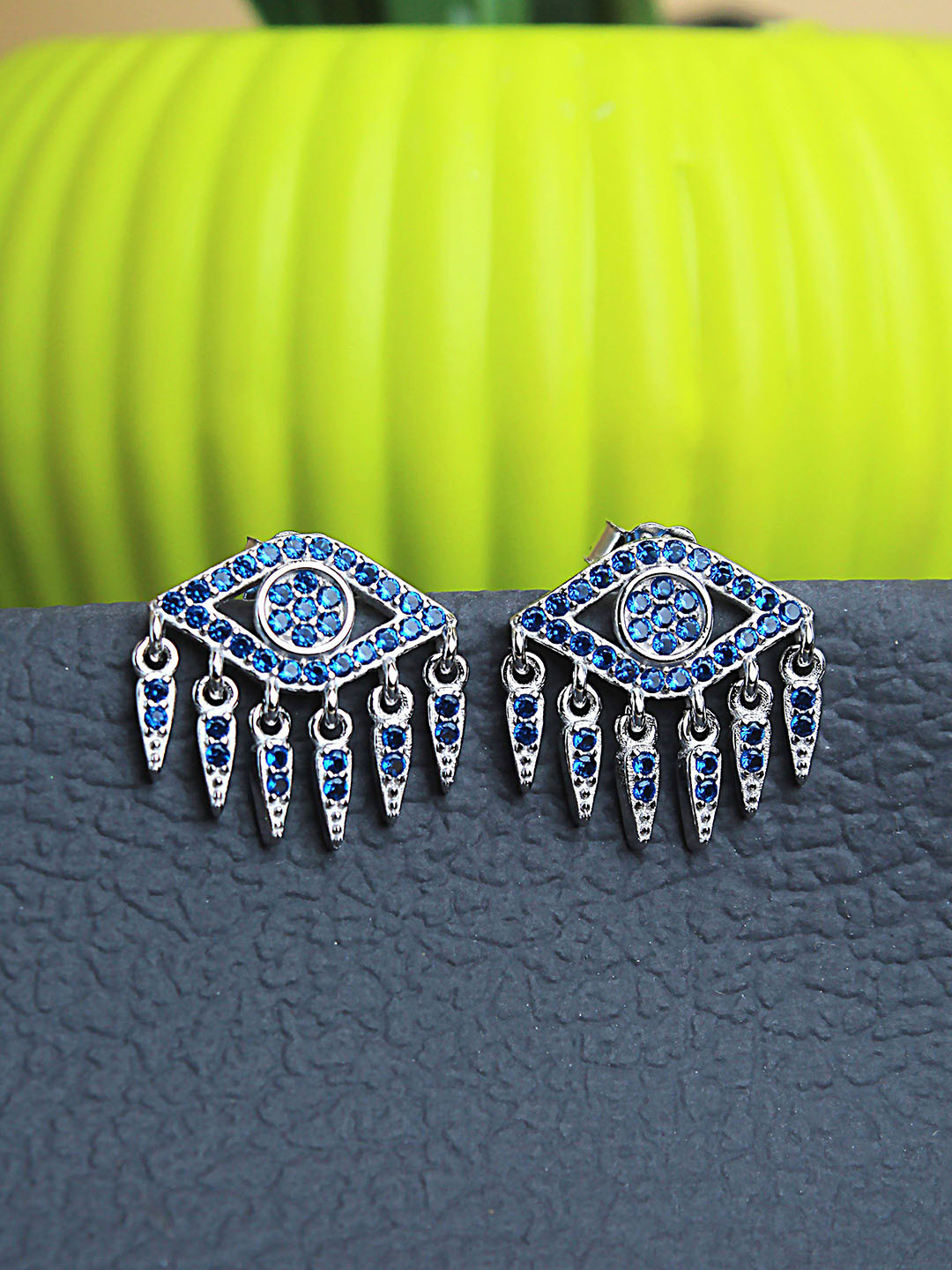 DEVASHREE 925 Sterling Silver Rhodium-Plated Sapphire Cubic Zirconia Evil Eye Studs