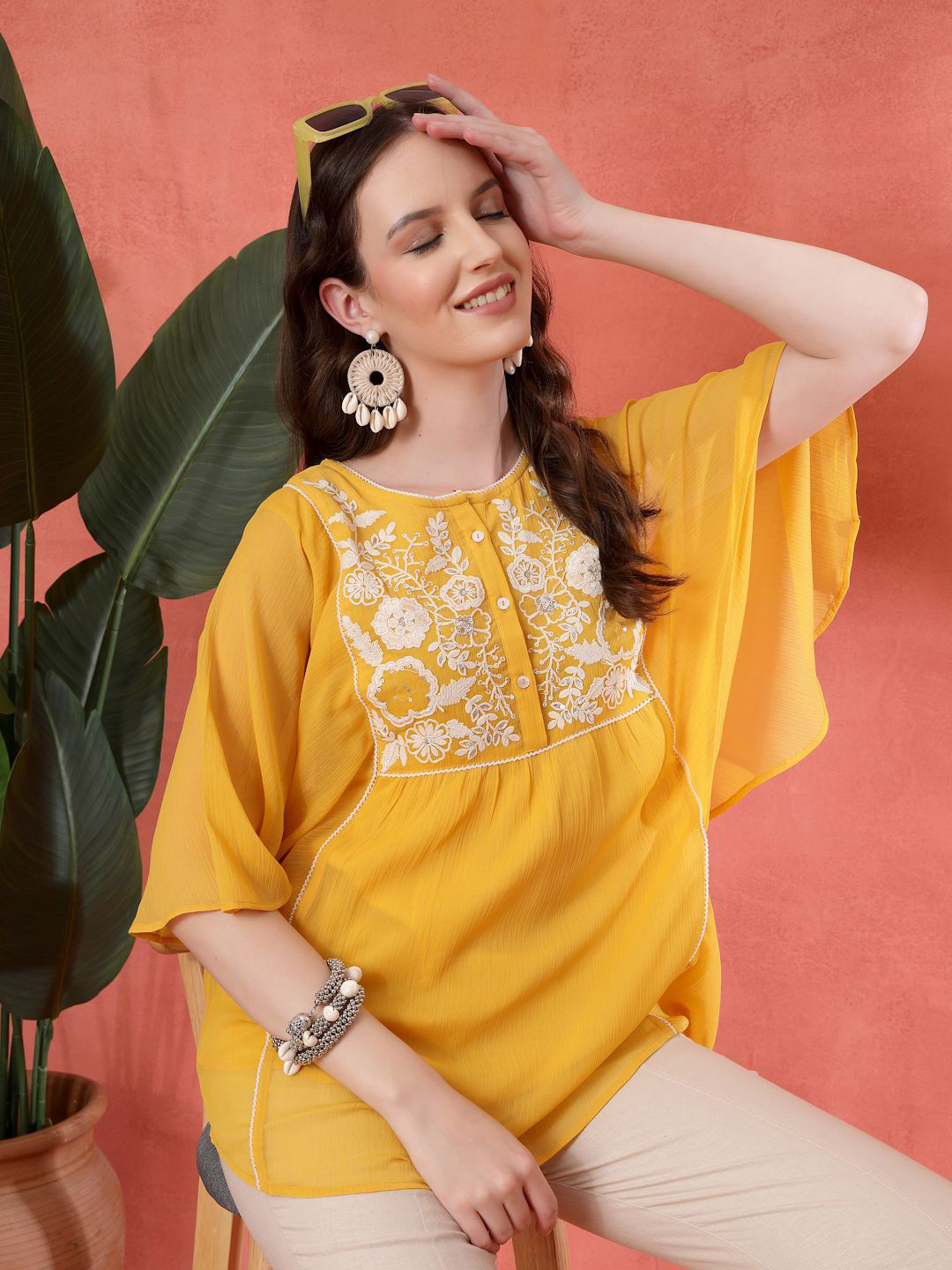 Nayam By Lakshita Women Solid Embroidered Flared Chiffon Kurtis