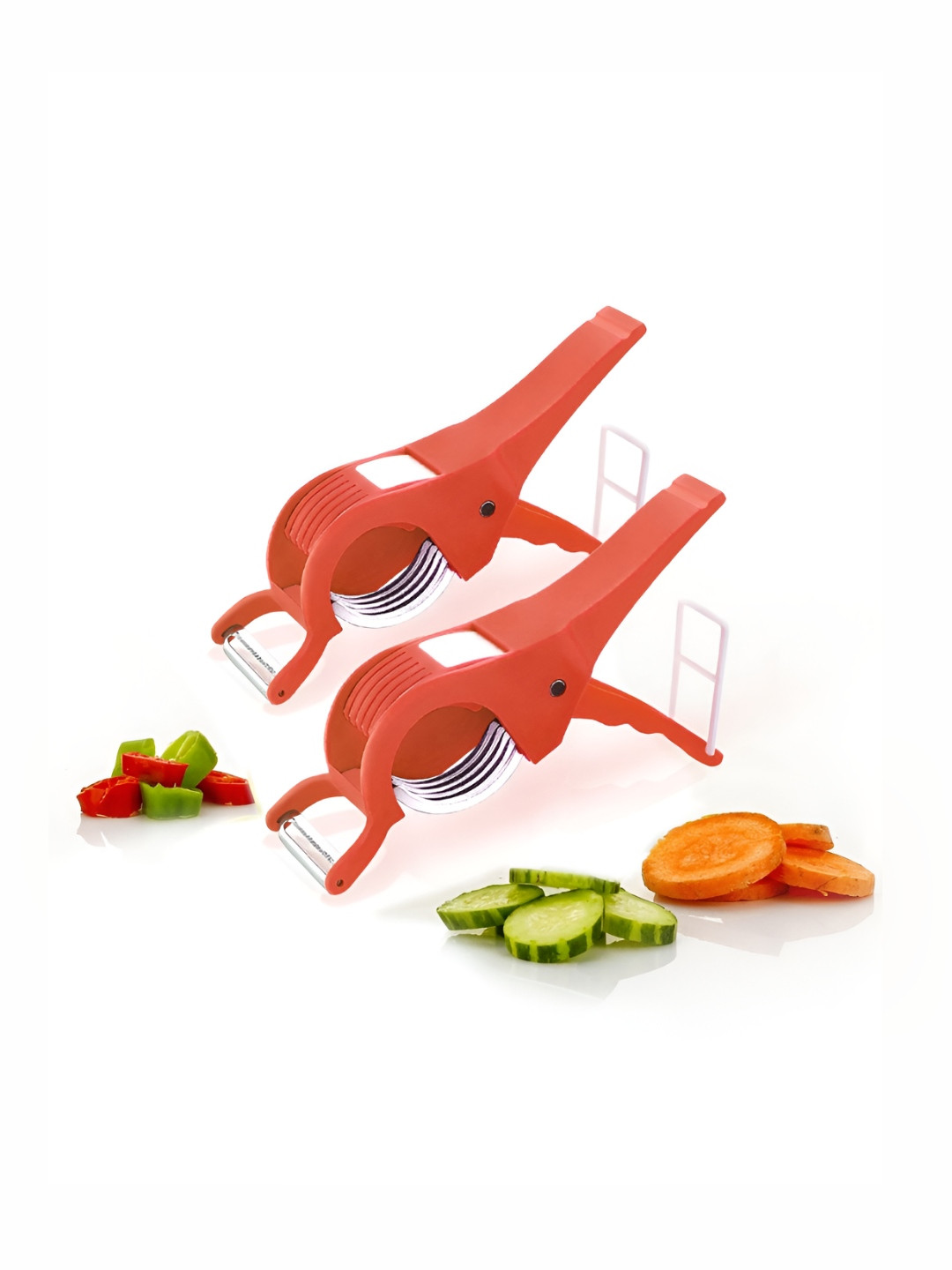 Kuber Industries Red 2 Pieces Vegetable Cutter 5 Steel Blades Multi-Purpose Chopper