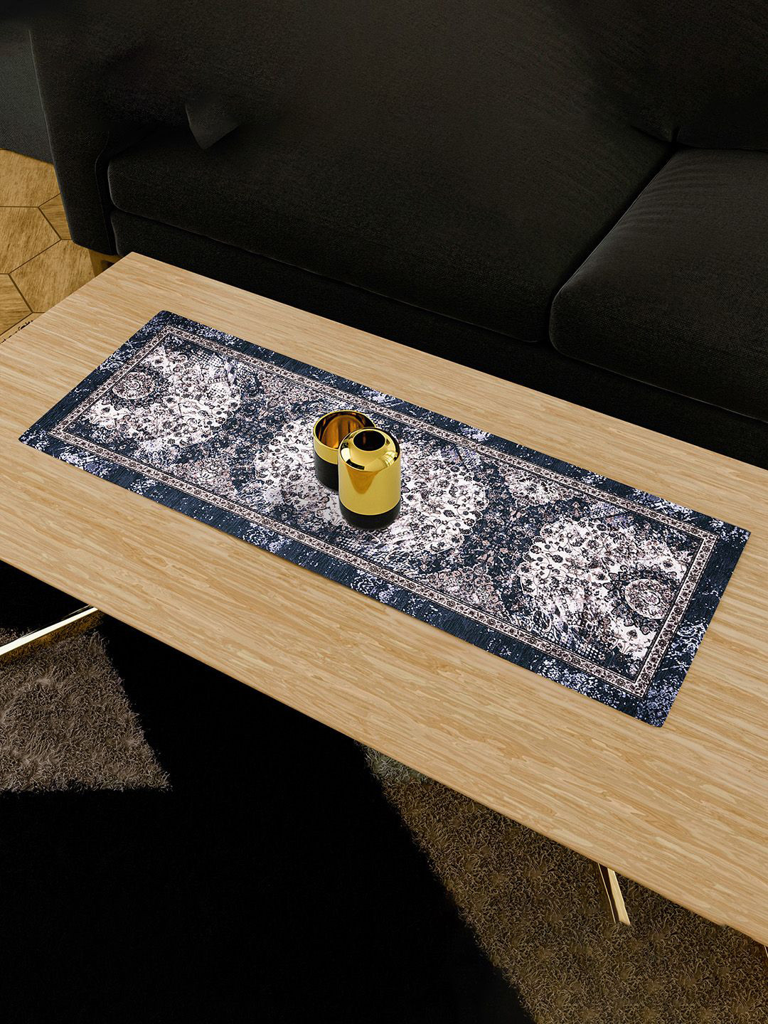 Kuber Industries Blue & White Carpet Printed Velvet Table Runner