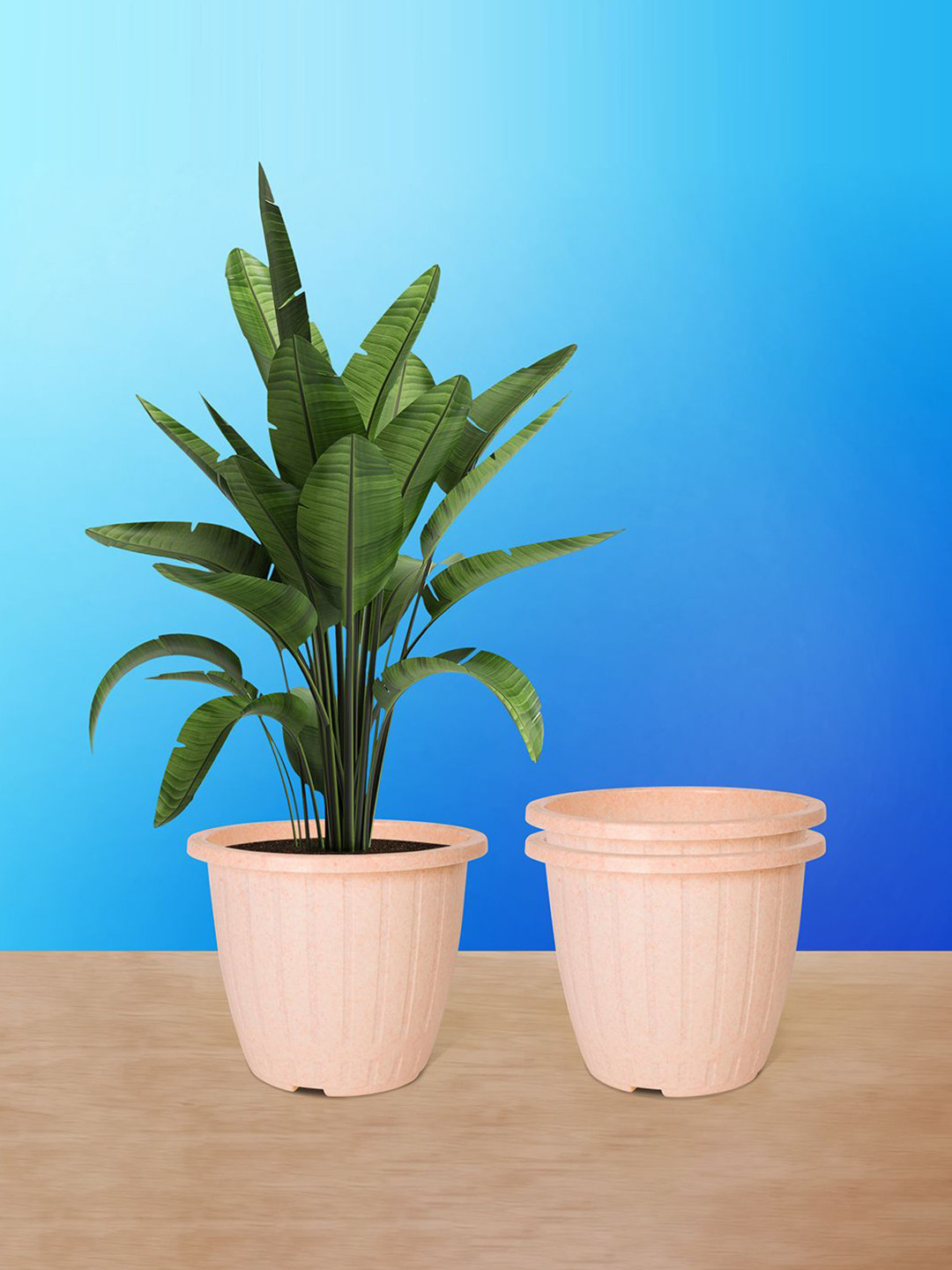 Kuber Industries Peach-Colored 3 Pieces Textured Round Marble Euro Planters