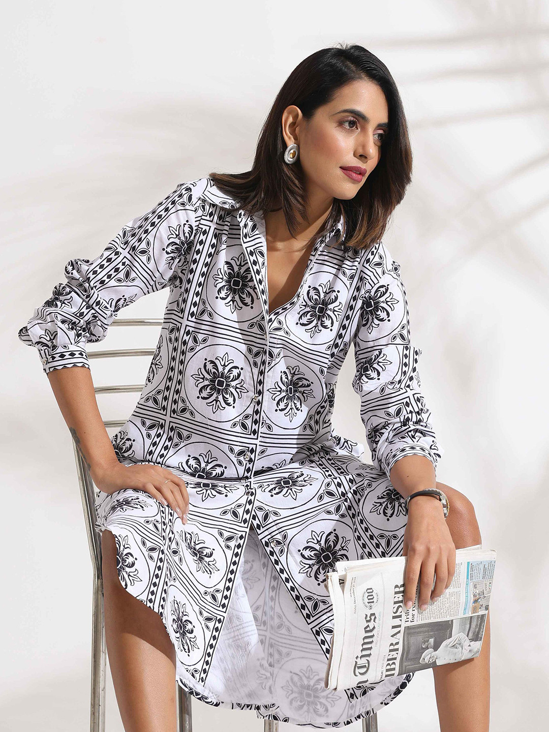 trueBrowns White Cotton Print Shirt Dress