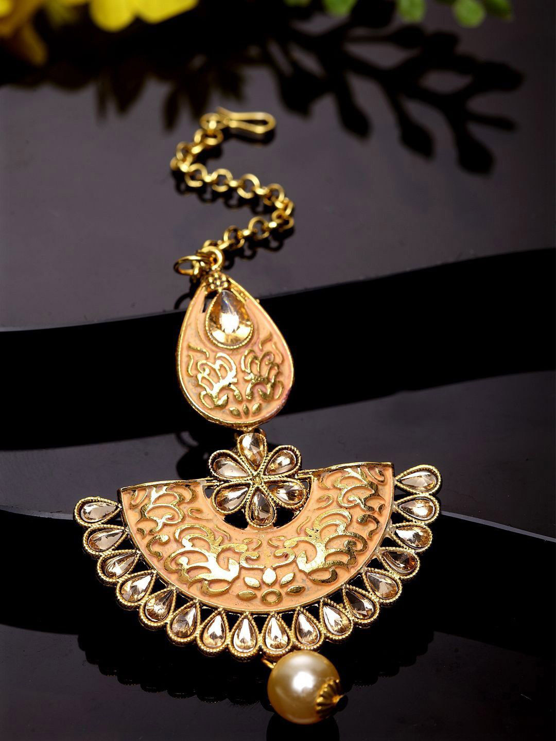 Anouk Gold-Plated Stone Studded & Beaded Textured Enamelled Maang Tikka