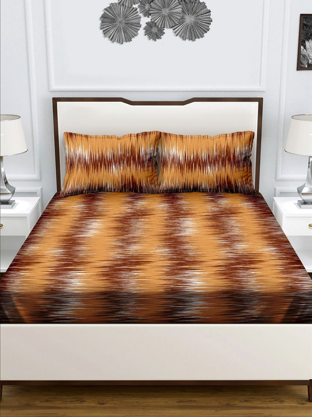 Myntra Elegant Homes Egyptian Brown Abstract Pure Cotton 160 TC Queen Bedsheet with 2 Pillow Covers-228 x 254 cm