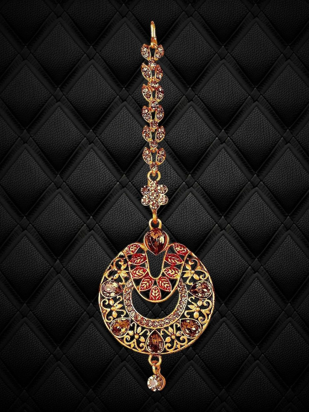 Anouk Gold-Plated Kundan Stone Studded and Beaded Enamelled Round Shape Maang Tikka