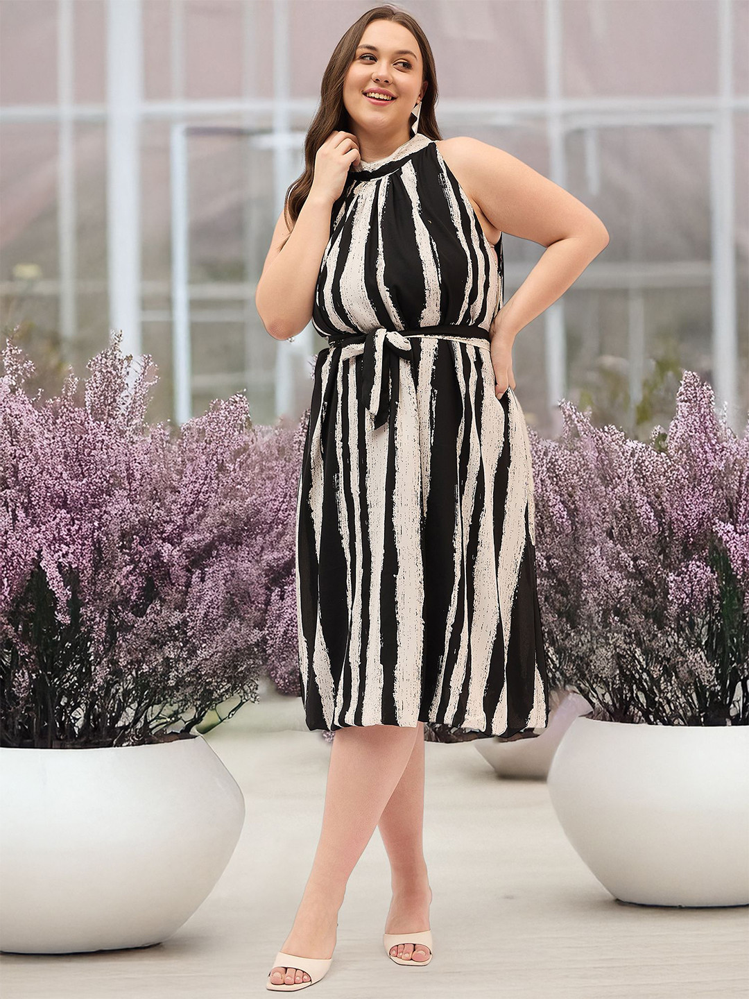 DressBerry Curve Monochrome Striped Mock Neck Belted Georgette Fit & Flare Dress