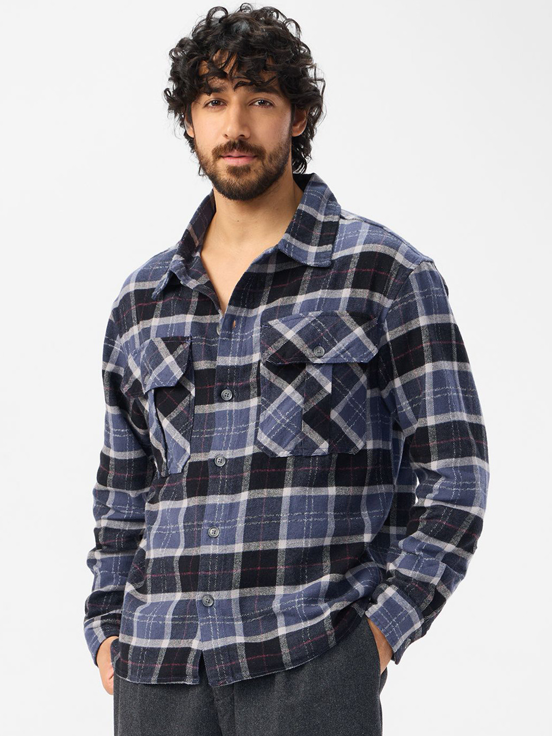 The Souled Store Cobalt Windowpane Checks Opaque Checked Oversized Cotton Casual Shackets