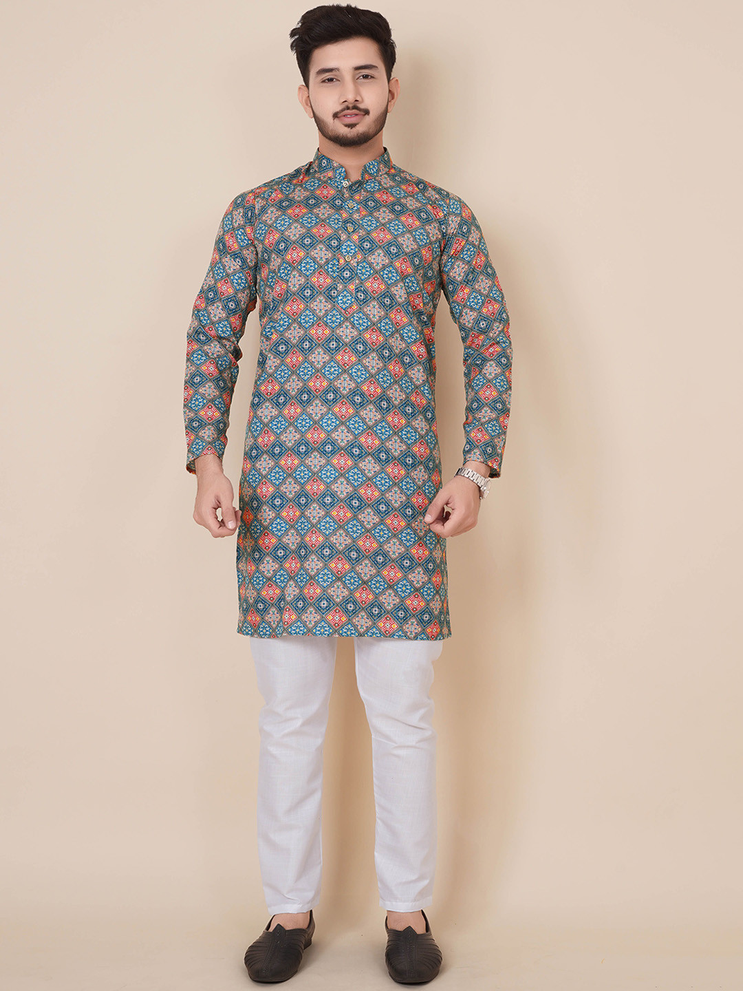 ALMORA Ethnic Motifs Printed Band Collar Straight Pure Cotton Kurta with Pyjamas