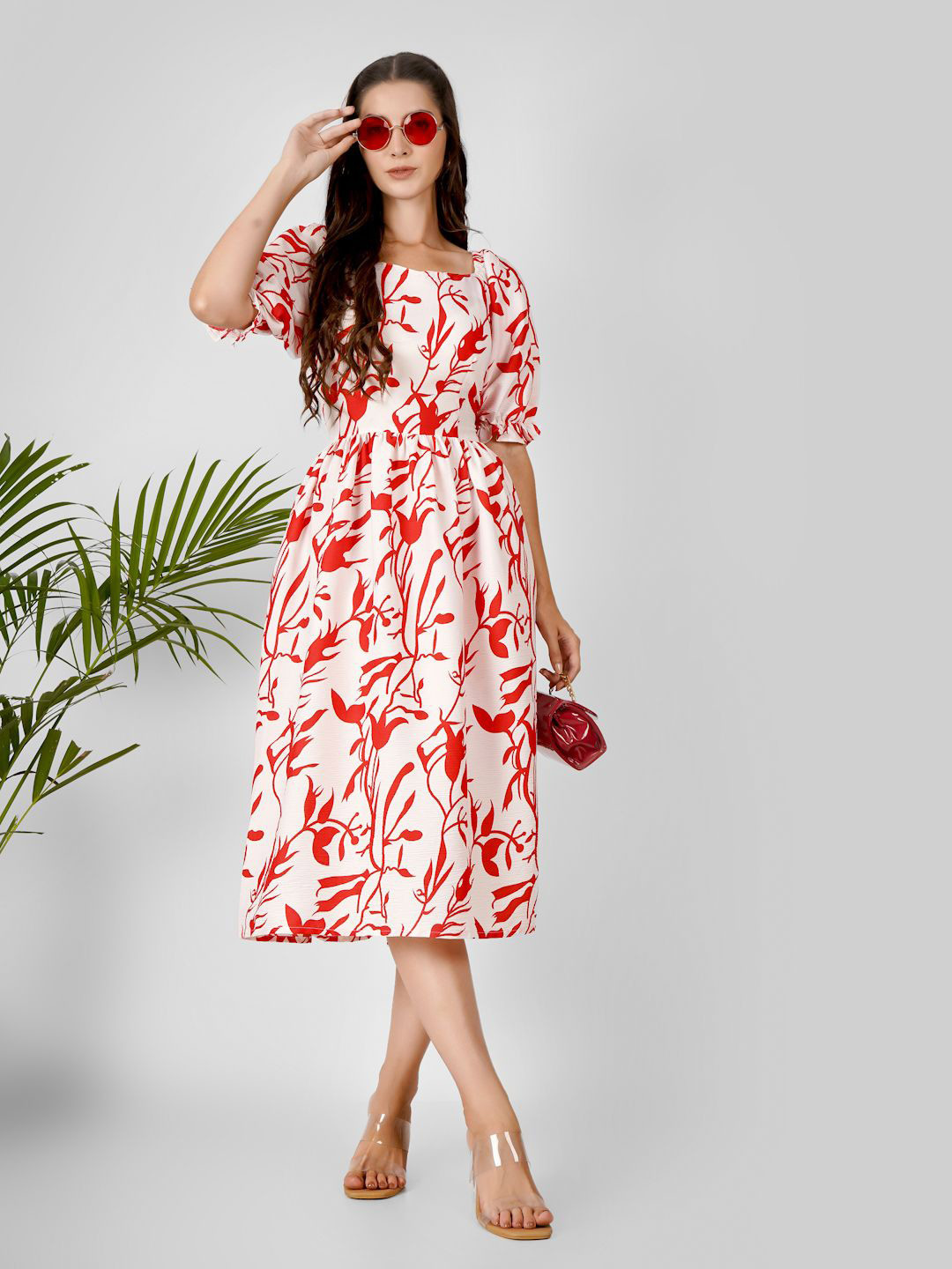 Milastru Women Floral Printed Square Neck Puff Sleeves Fit and Flare Midi Dress