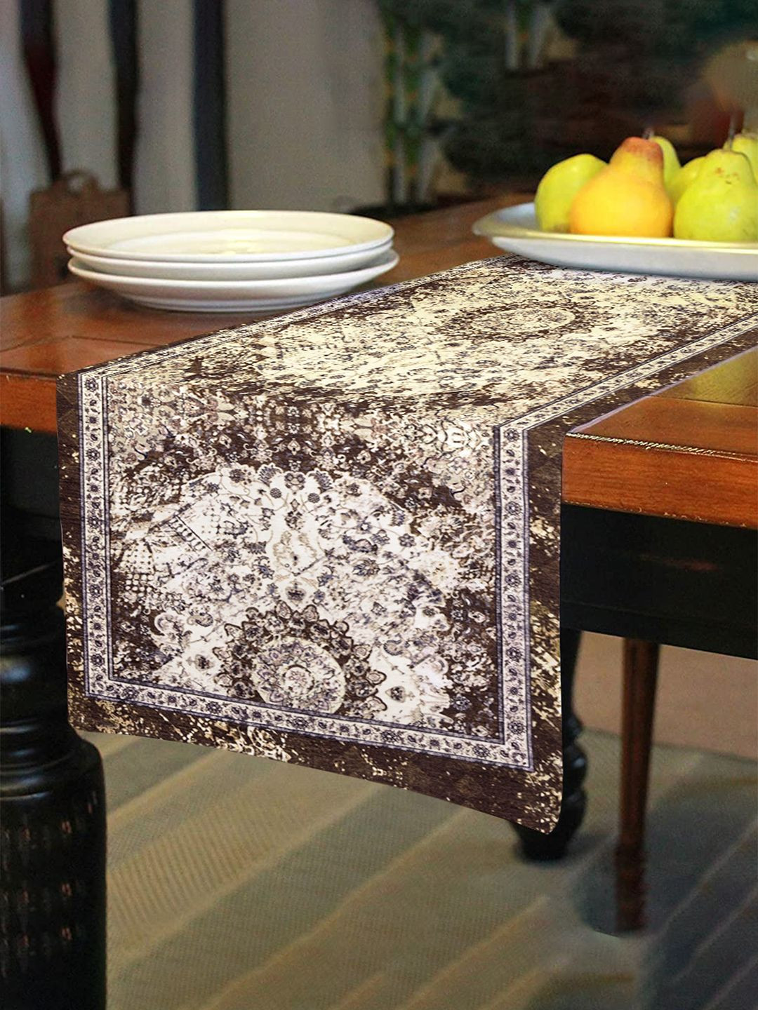 Kuber Industries Brown & White Carpet Printed Velvet Table Runner