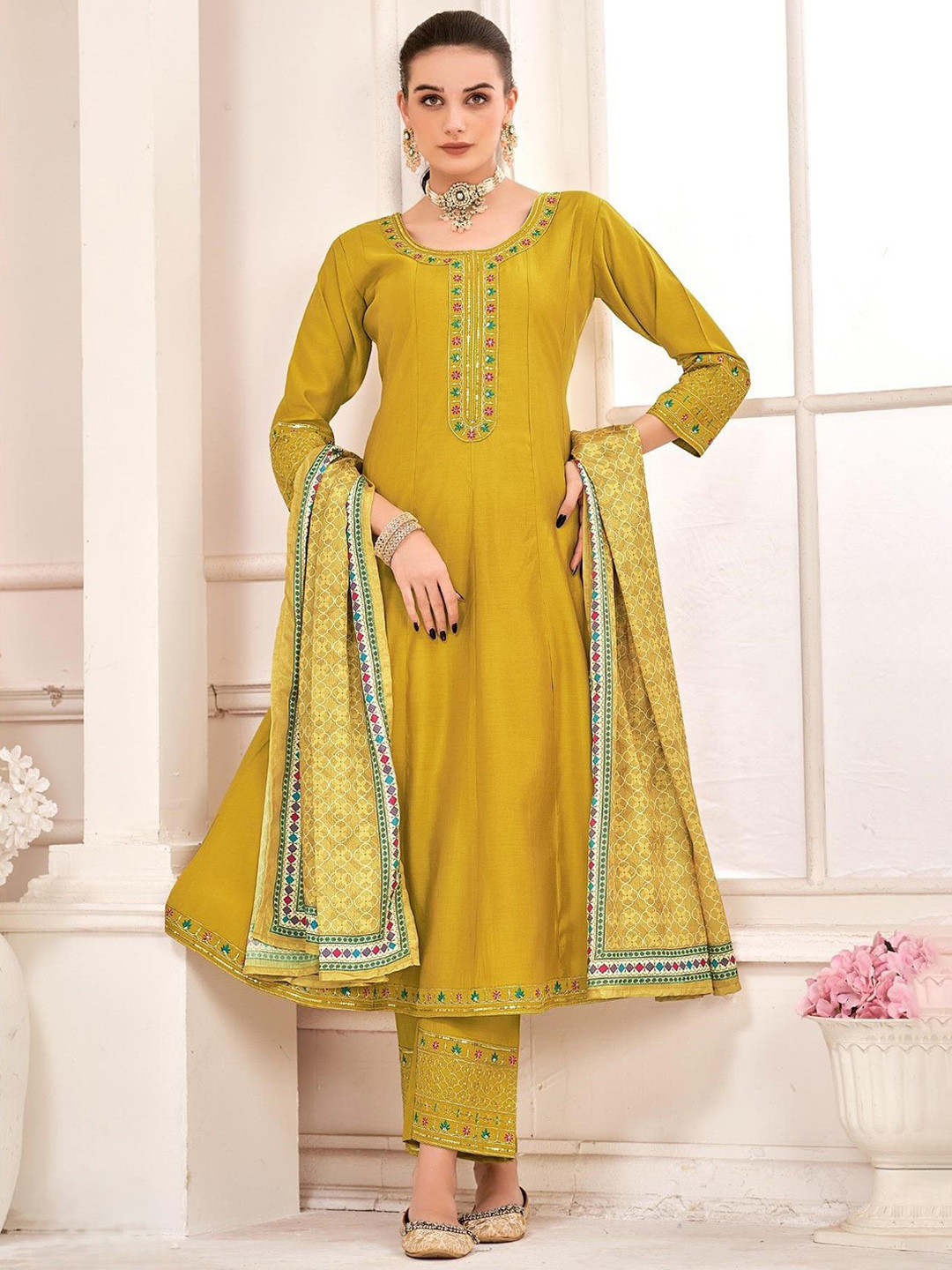 FABZOO RIYA Floral Yoke Design Panelled Zari Anarkali Kurta With Trouser And Dupatta