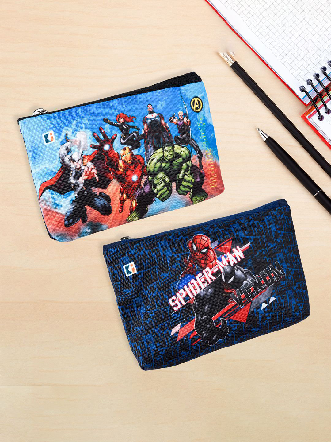 Kuber Industries Black & Navy Blue Pack of 2 Marvel Square Pencil Pouch with Zipper