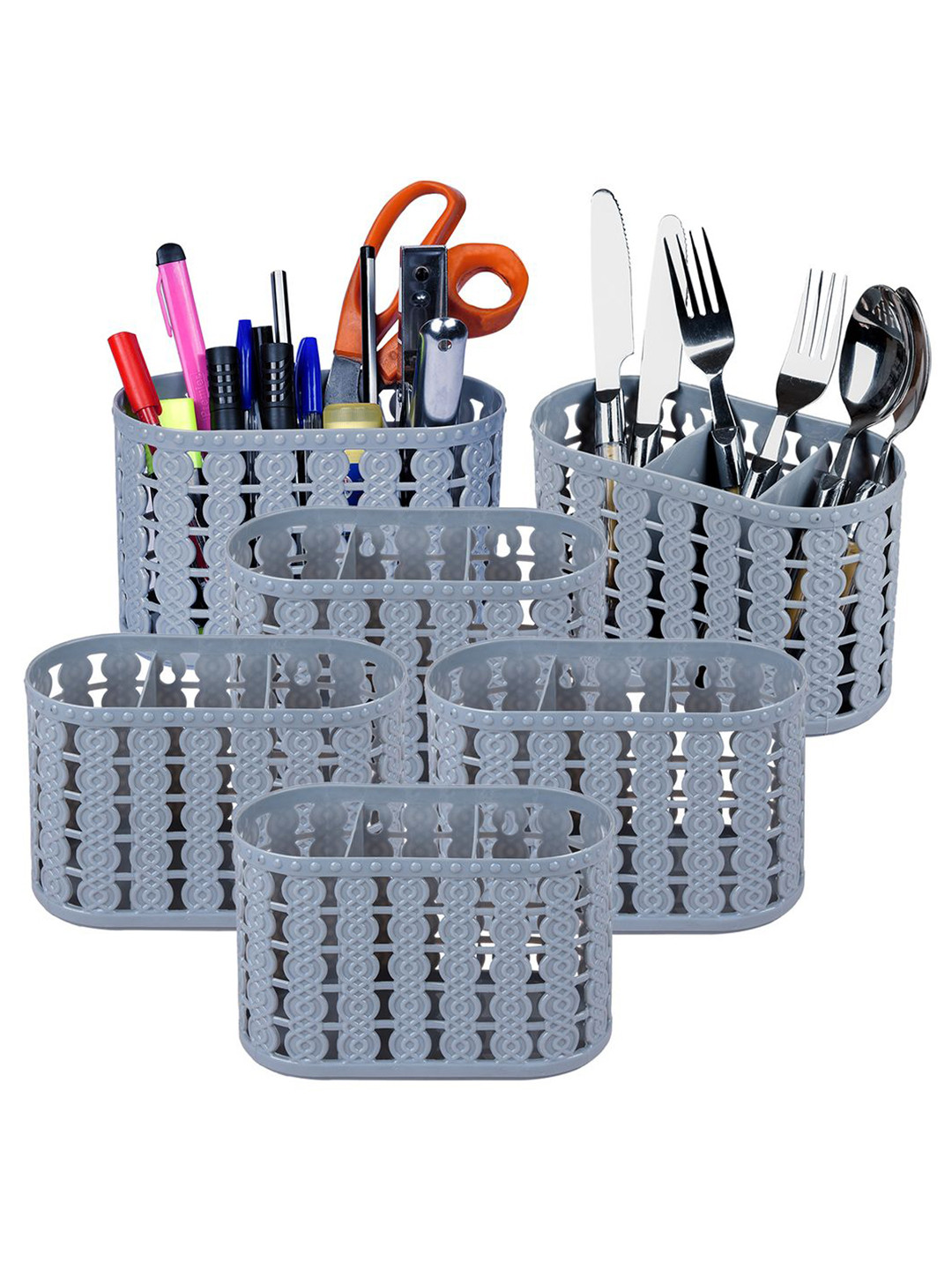 Kuber Industries Grey Pack of 6 Self Design Stationery Organizer With 3 Compartments