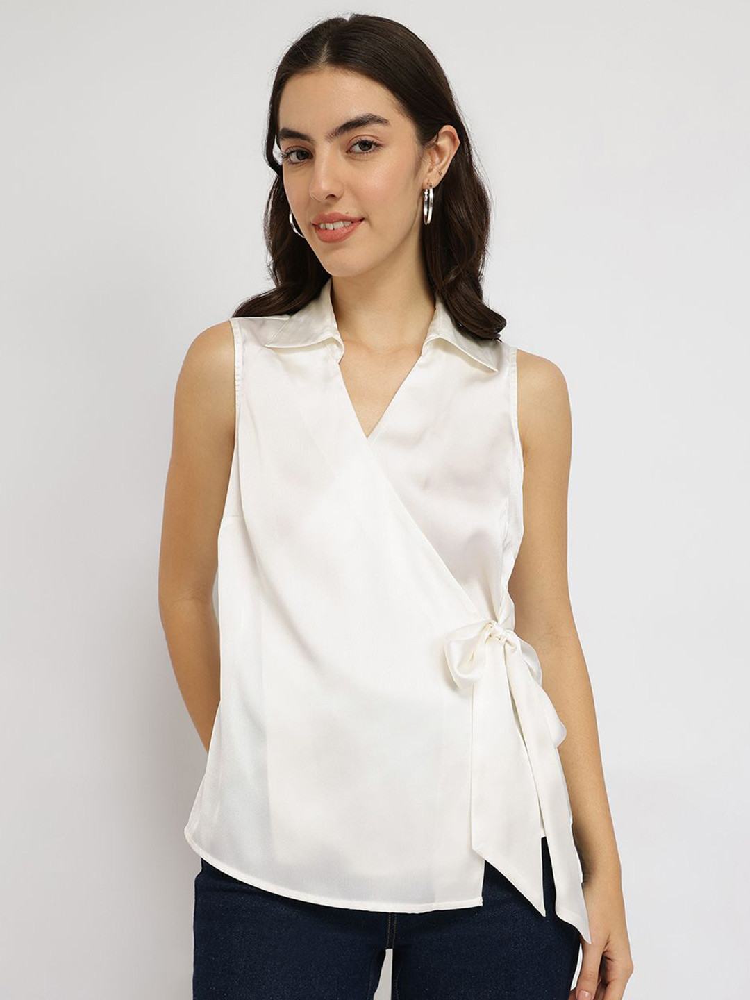 FableStreet Women Satin Floral Wrap Top Off White