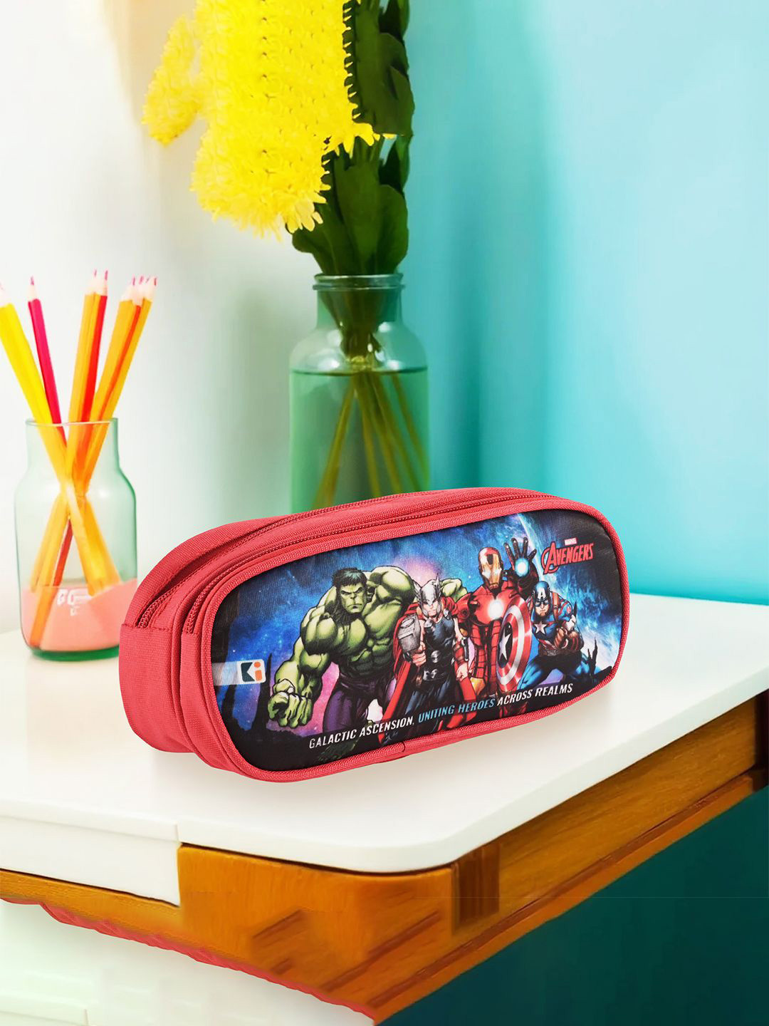 Kuber Industries Red & Blue Marvel Avengers 2 Compartments Multi-Purpose Pencil Pouch