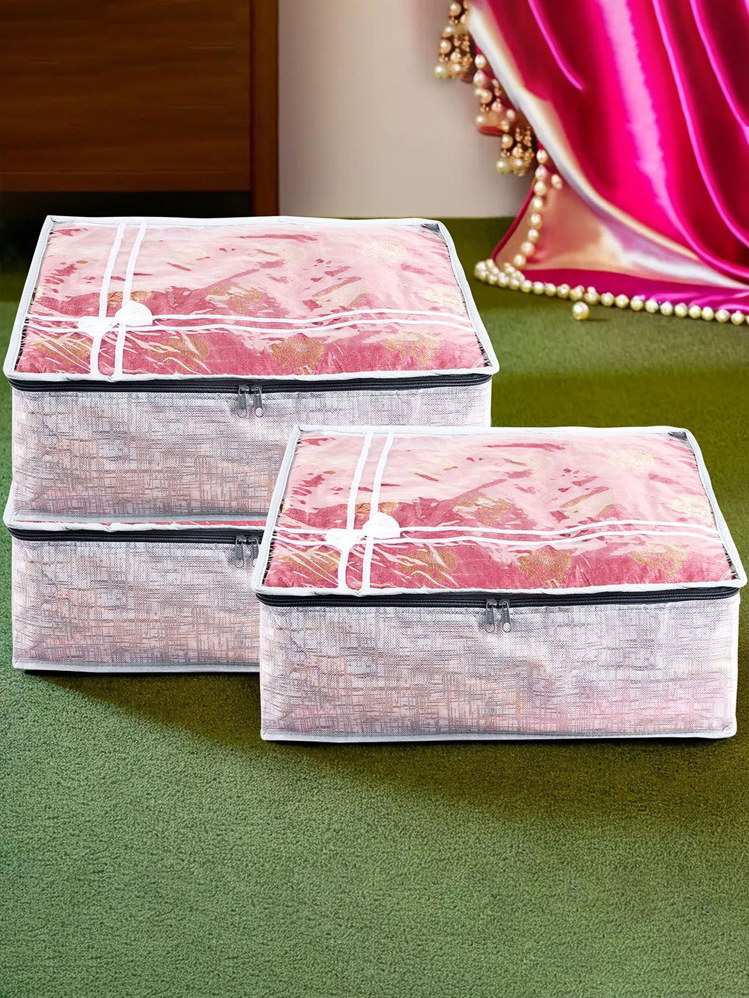 Kuber Industries Grey Pack of 3 Bow-Jute Printed Top Window Multi-Utility Organisers