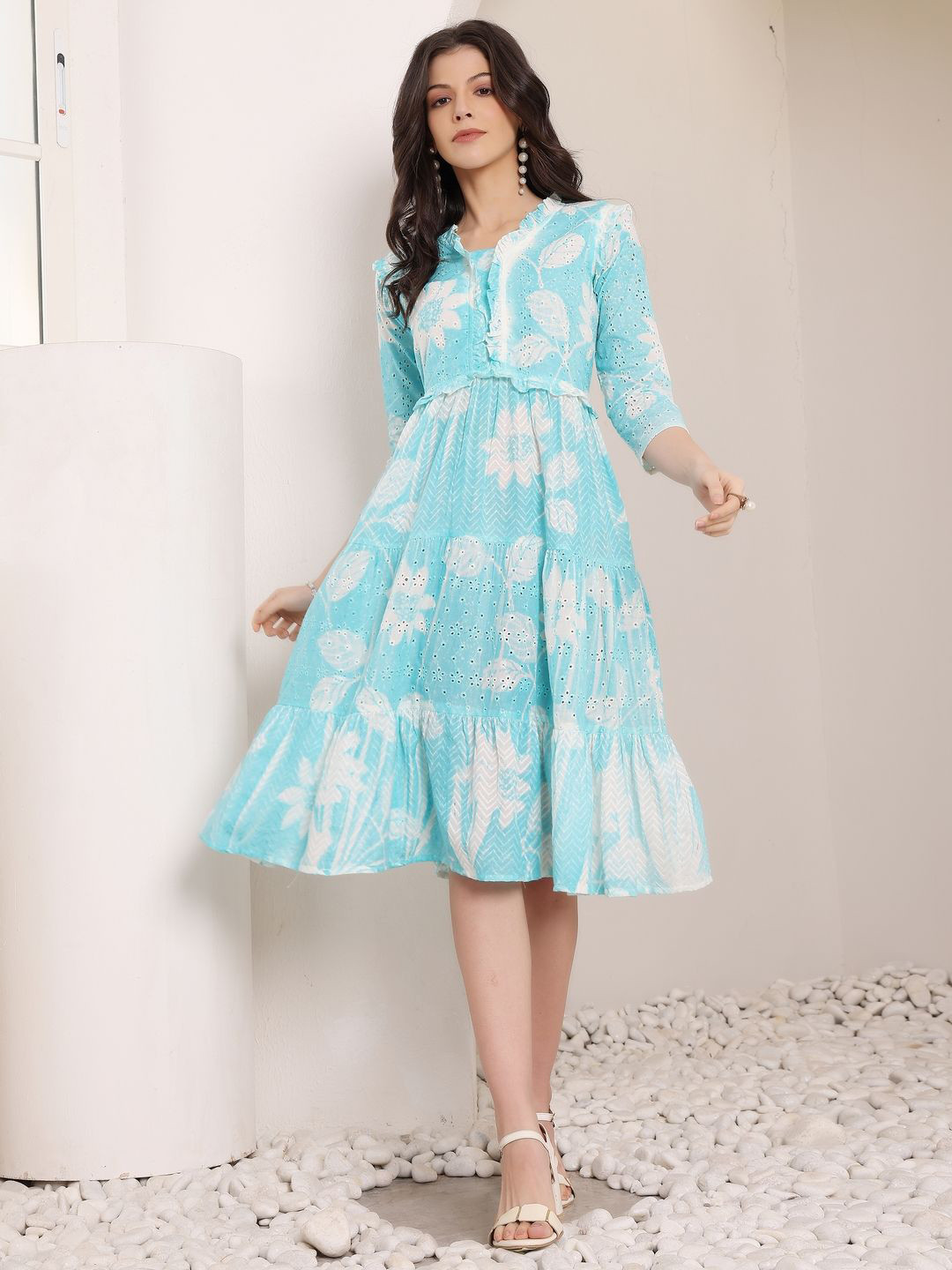 Routes by All About You Floral Printed Schiffli Tiered Cotton Fit & Flare Dress