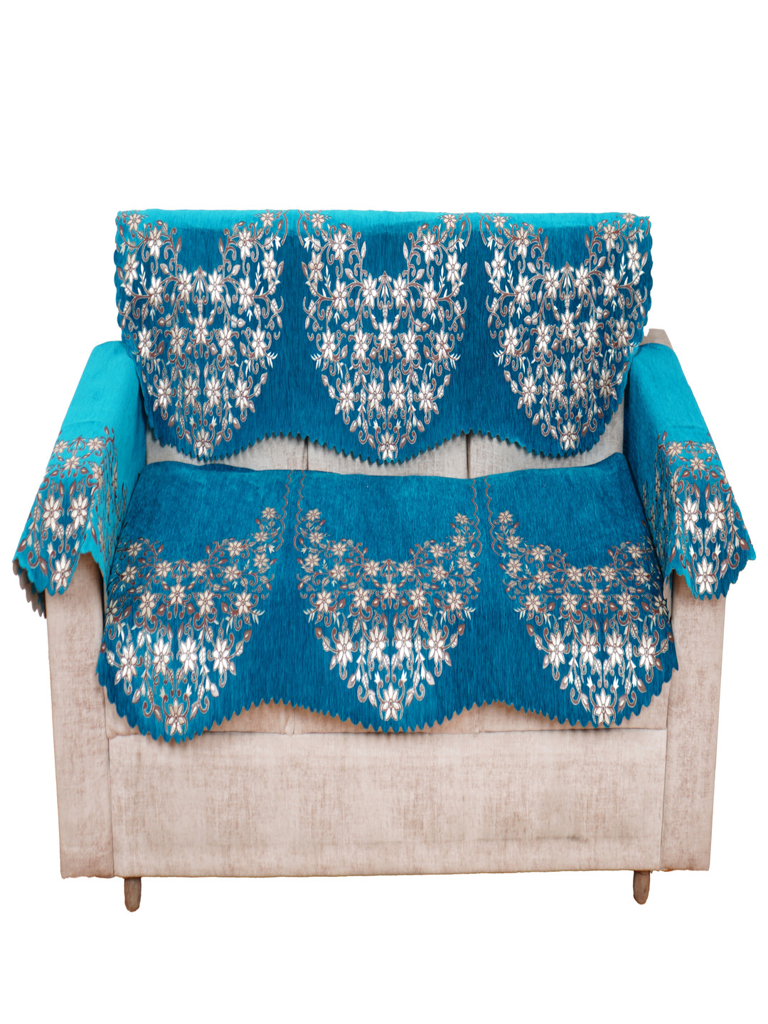 Fashion Throw Turquoise Blue 4 Pieces Printed Jacquard 3 Seater Sofa Cover With Arms