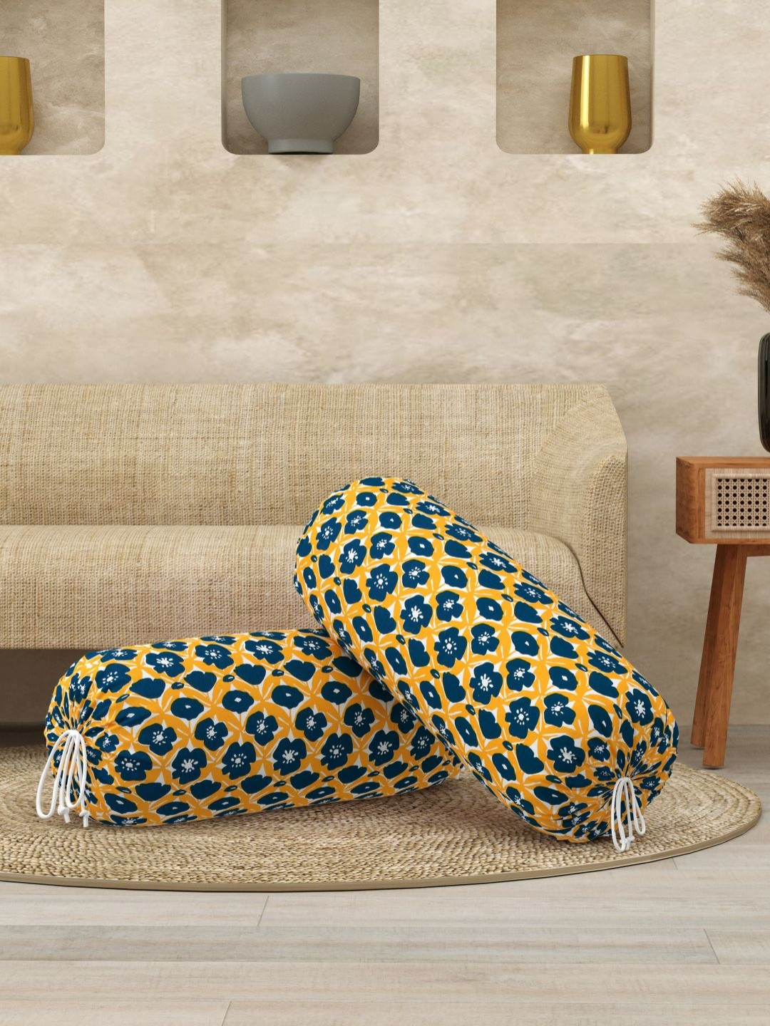 BLOCKS OF INDIA Yellow & Blue 2 Pieces Floral Printed Cotton Bolster Covers