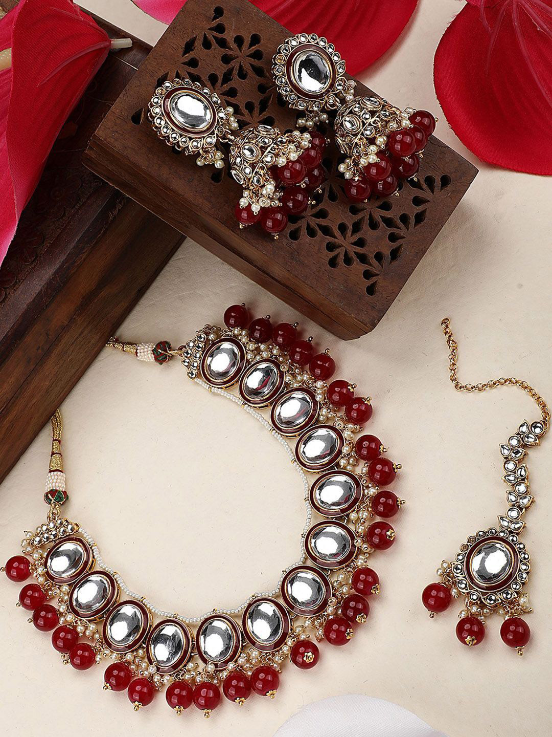 Anouk Red Gold-Plated Artificial Stones Studded And Pearls Beaded Jewellery Set