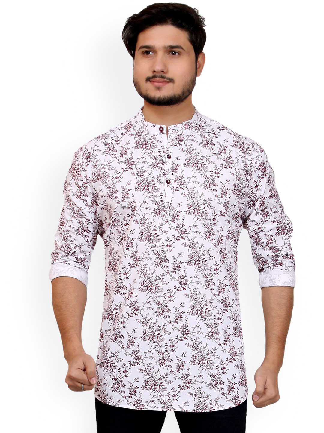 MADE IN THE SHADE Floral Printed Band Collar Pure Cotton Straight Kurta