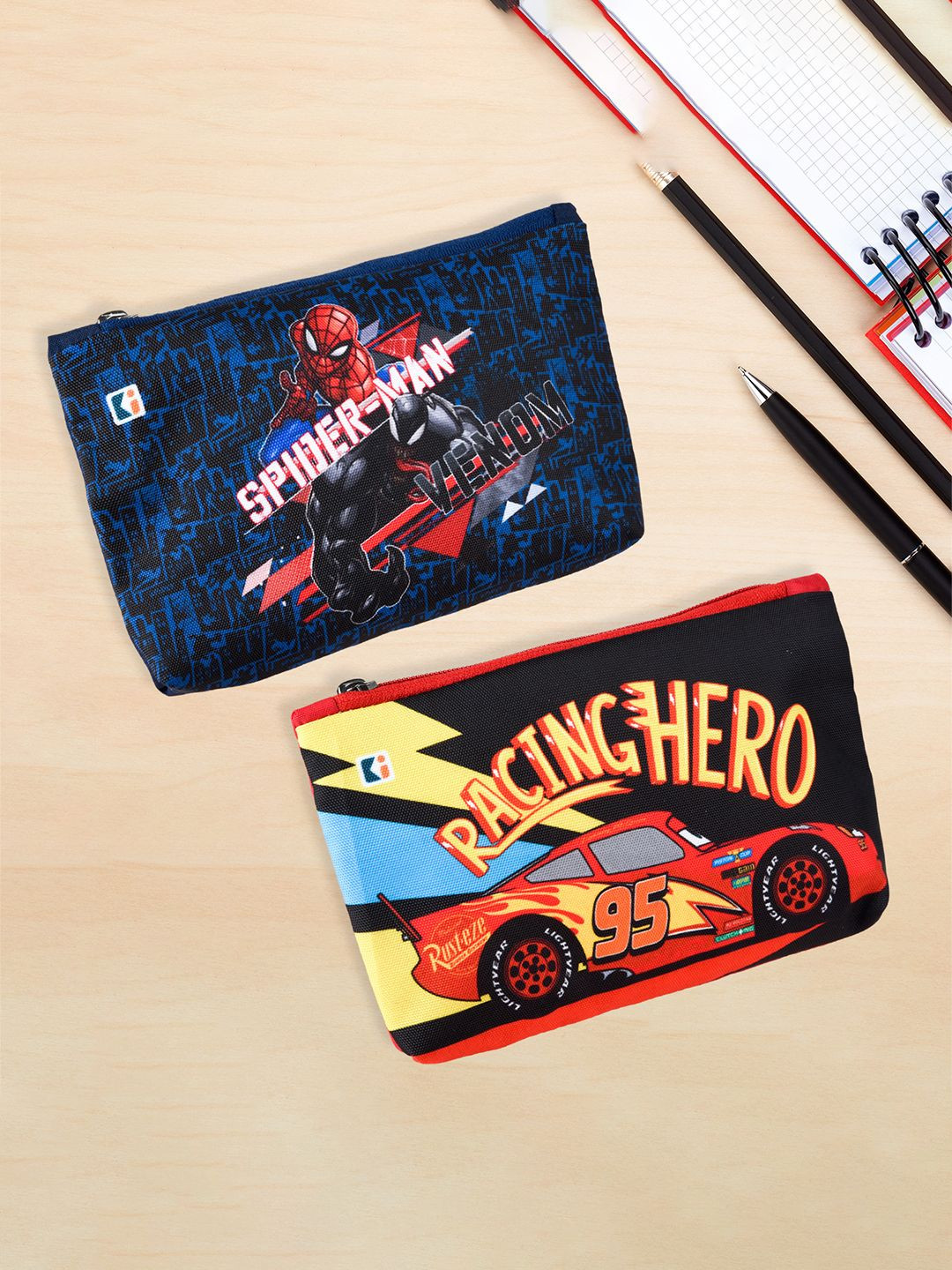 Kuber Industries Kids Set of 2 Spiderman & Racing Car Printed Square Pencil Pouch Cases