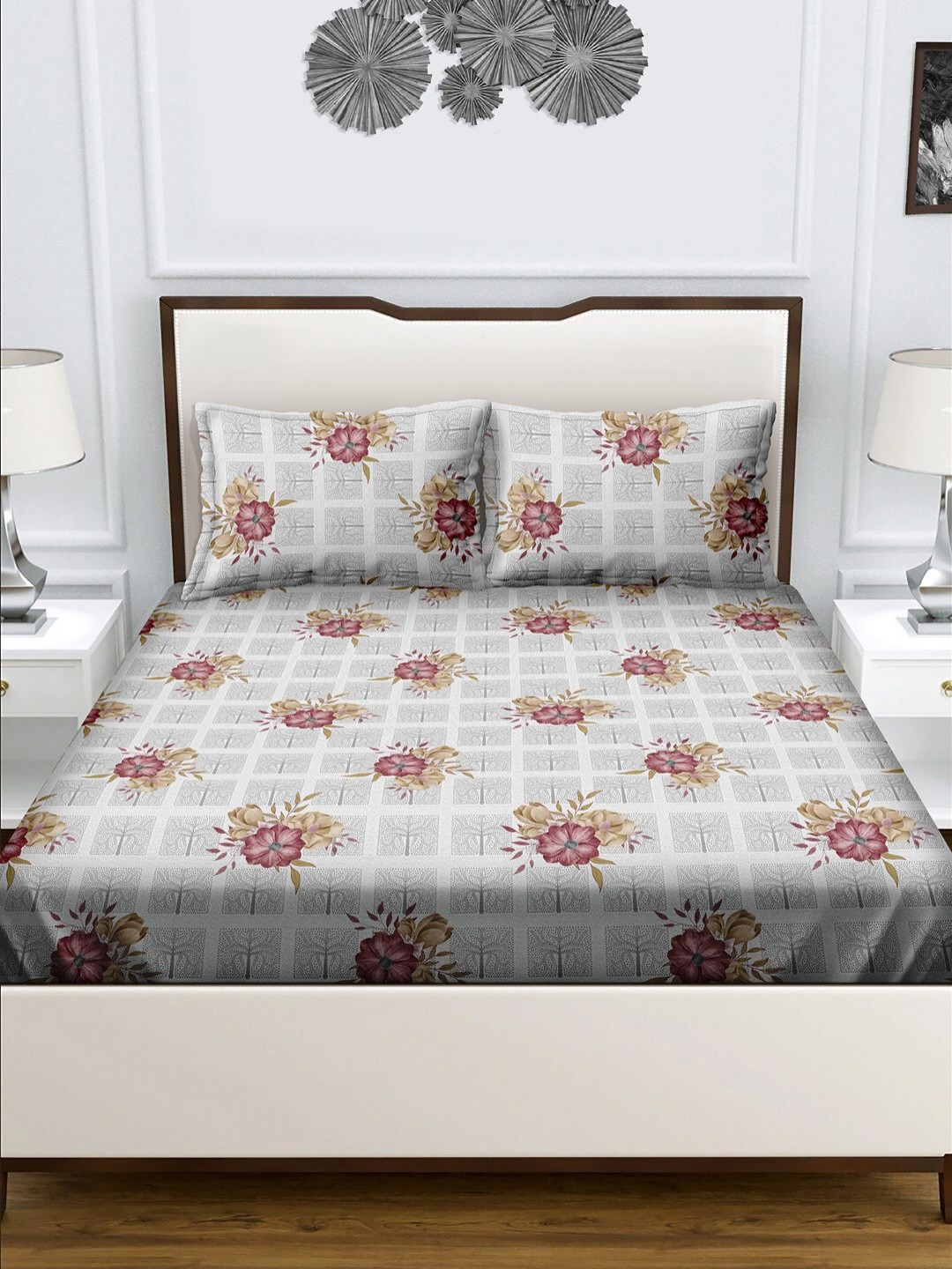 Myntra Elegant Homes Grey Floral Pure Cotton Light Weight 160 TC Queen Bedsheet with 2 Pillow Covers-88 x 100 inches