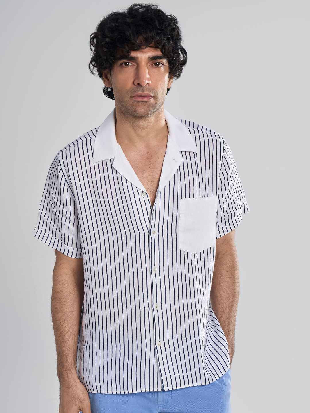 Terra Luna Men Cuban Collar Vertical Striped Linen Casual Shirt