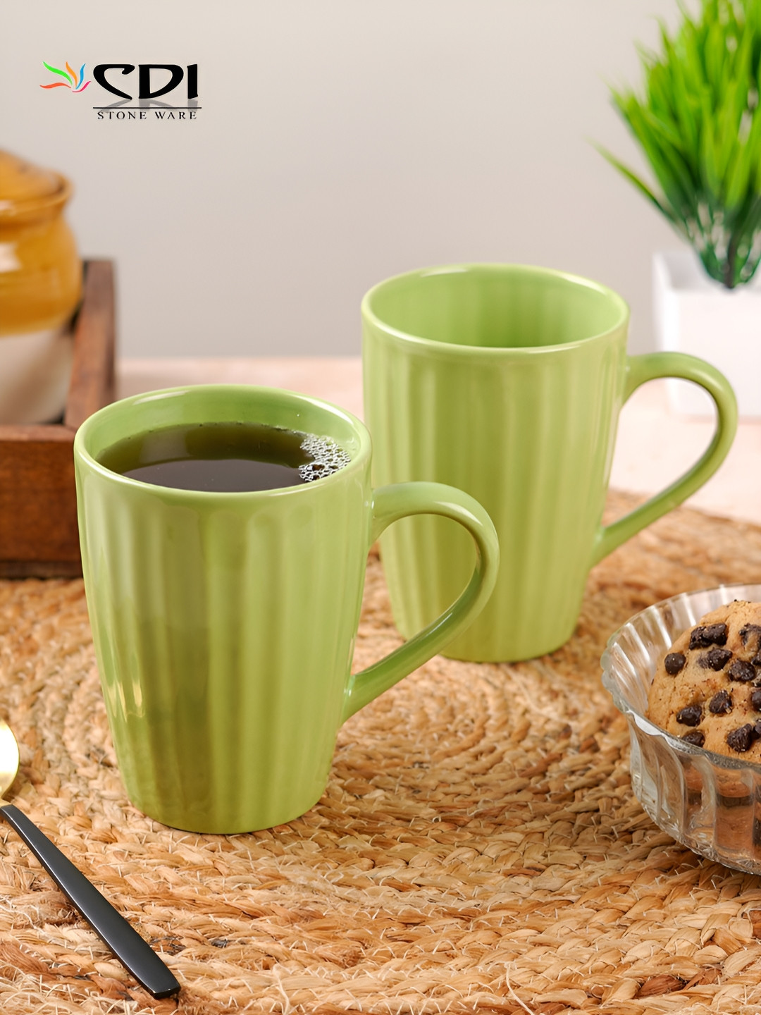 CDI Green Textured Ceramic Microwave Safe 2 Piece Mugs-300ml