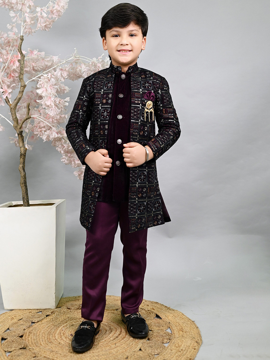ahhaaaa Boys Embroidered Velvet Sherwani Set