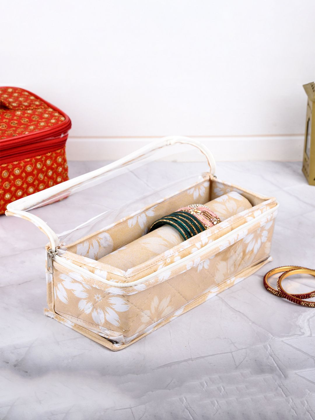 Kuber Industries Gold-Toned White Printed Single Rod Bangle Jewellery Box Organiser