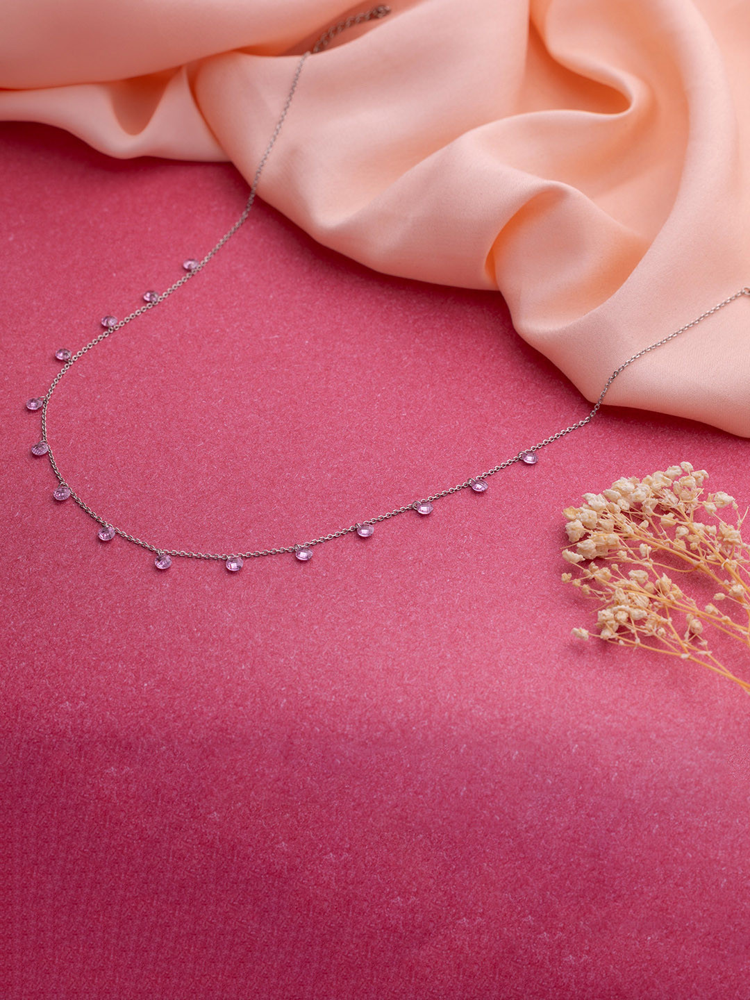 LIORA 925 Silver Jewellery Sterling Silver Rhodium Plated Pink Crystal Necklace