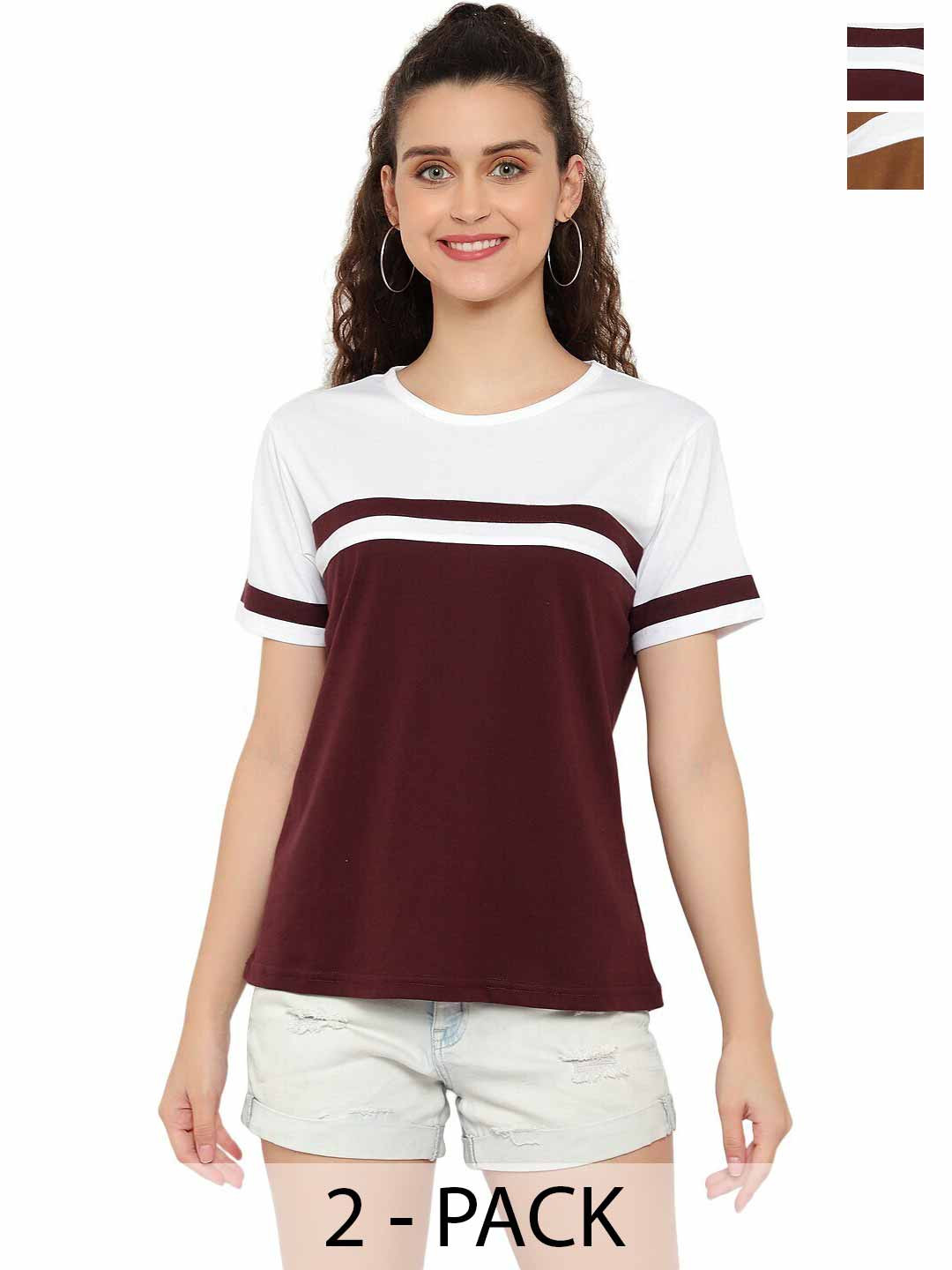 DEEPMAYRA COLLECTION Women Pack Of 2 Colourblocked Round Neck Cotton T-shirts