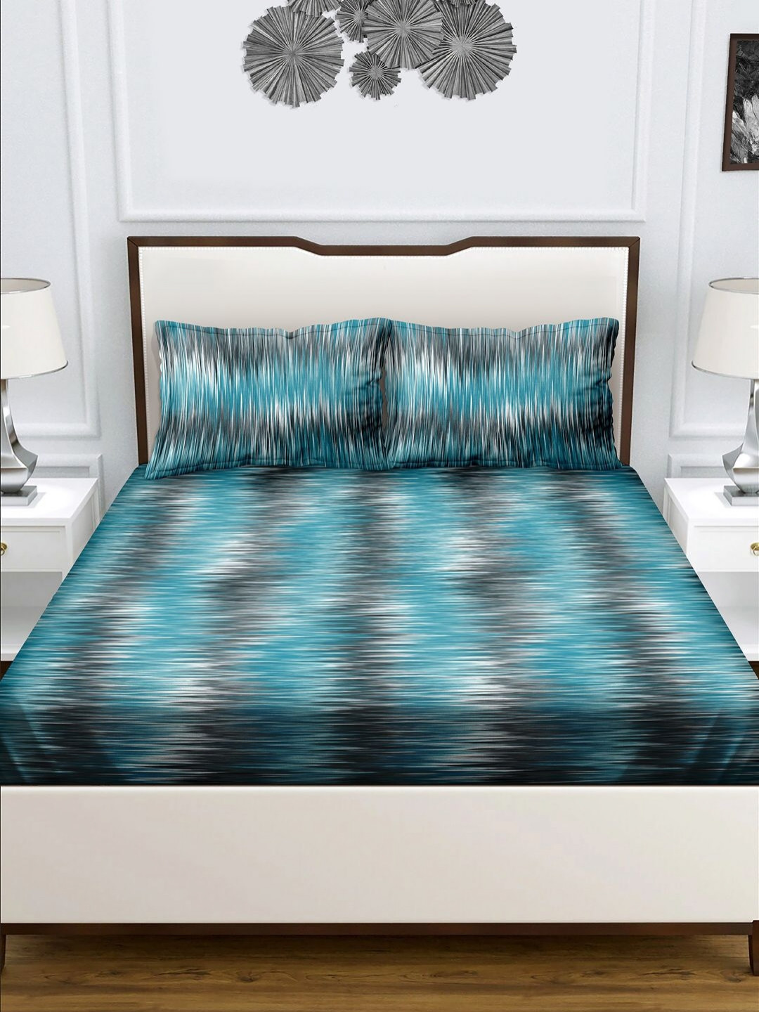 Myntra Elegant Homes Blue Abstract Pure Cotton Light Weight 160 TC Queen Bedsheet with 2 Pillow Covers-88 x 100 inches
