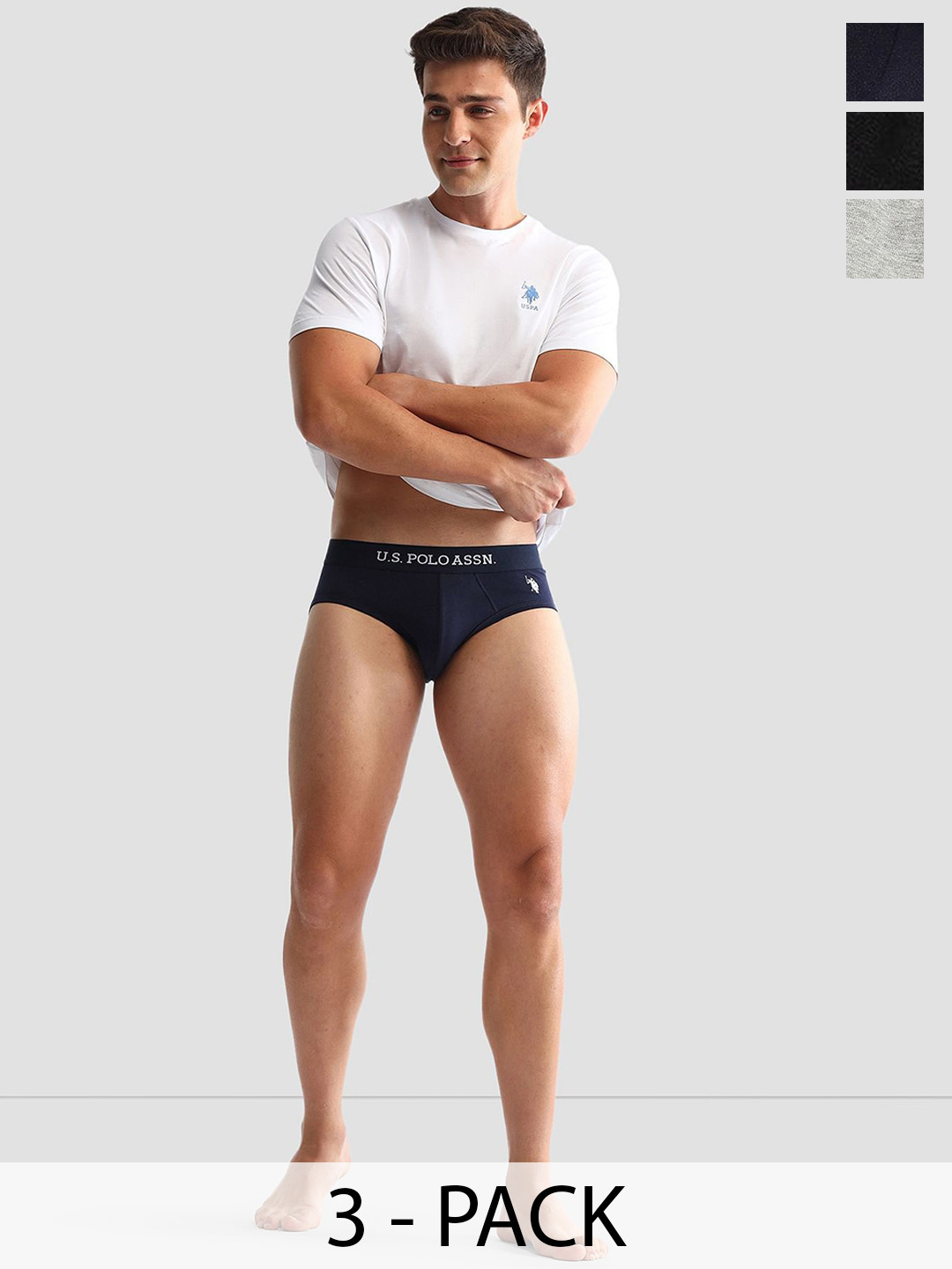 U.S. Polo Assn. Men Pack Of 3 Anti Microbial Mid Rise Outer Elastic Briefs - OEB13-ZNG-P3