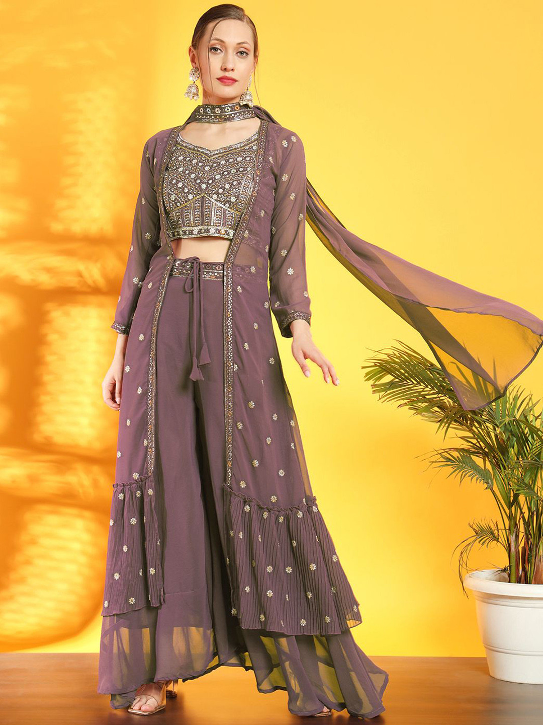 Chhabra 555 Embroidered V Neck Crop Top With Palazzos And  Jacket And Dupatta