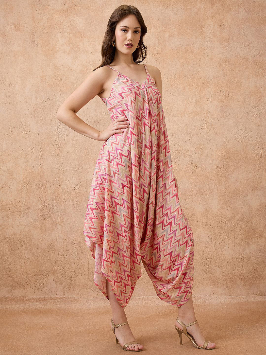 Globus Abstract Print V-Neck Strappy Shoulder Waist Tie-Ups Harem Style Fusion Jumpsuit