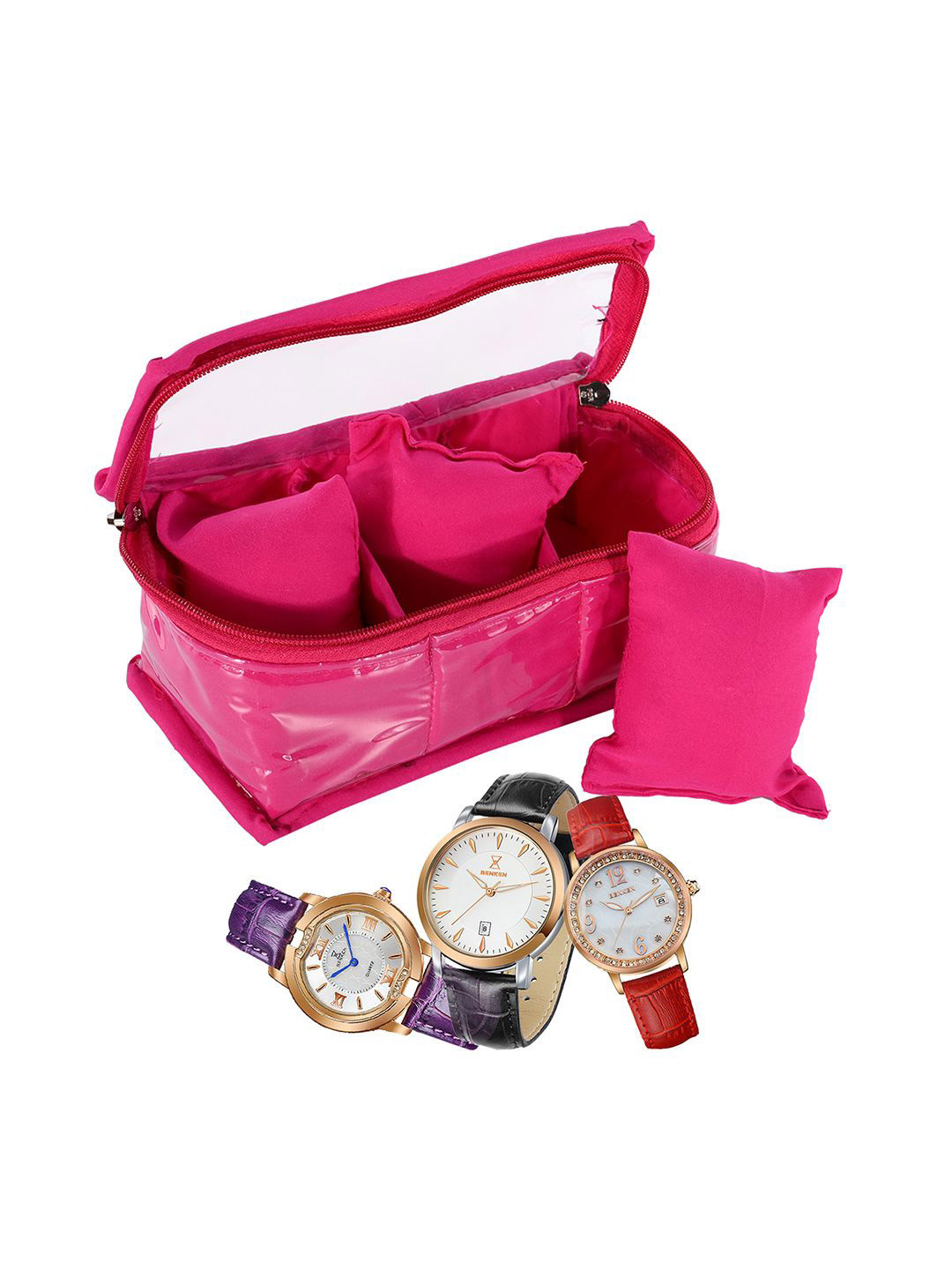 Kuber Industries 3 Slot Pink Fabric Top Transparent Watch Organiser Pouch for Women