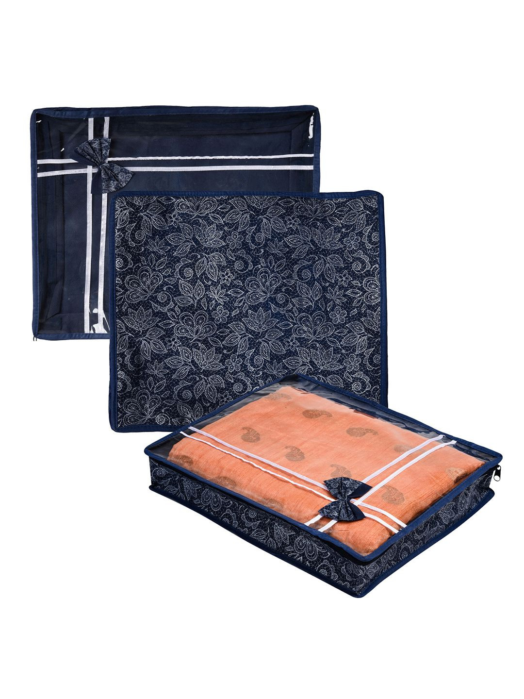 Kuber Industries Navy Blue Pack of 3 Bow Flower-Printed Top Visible Organisers