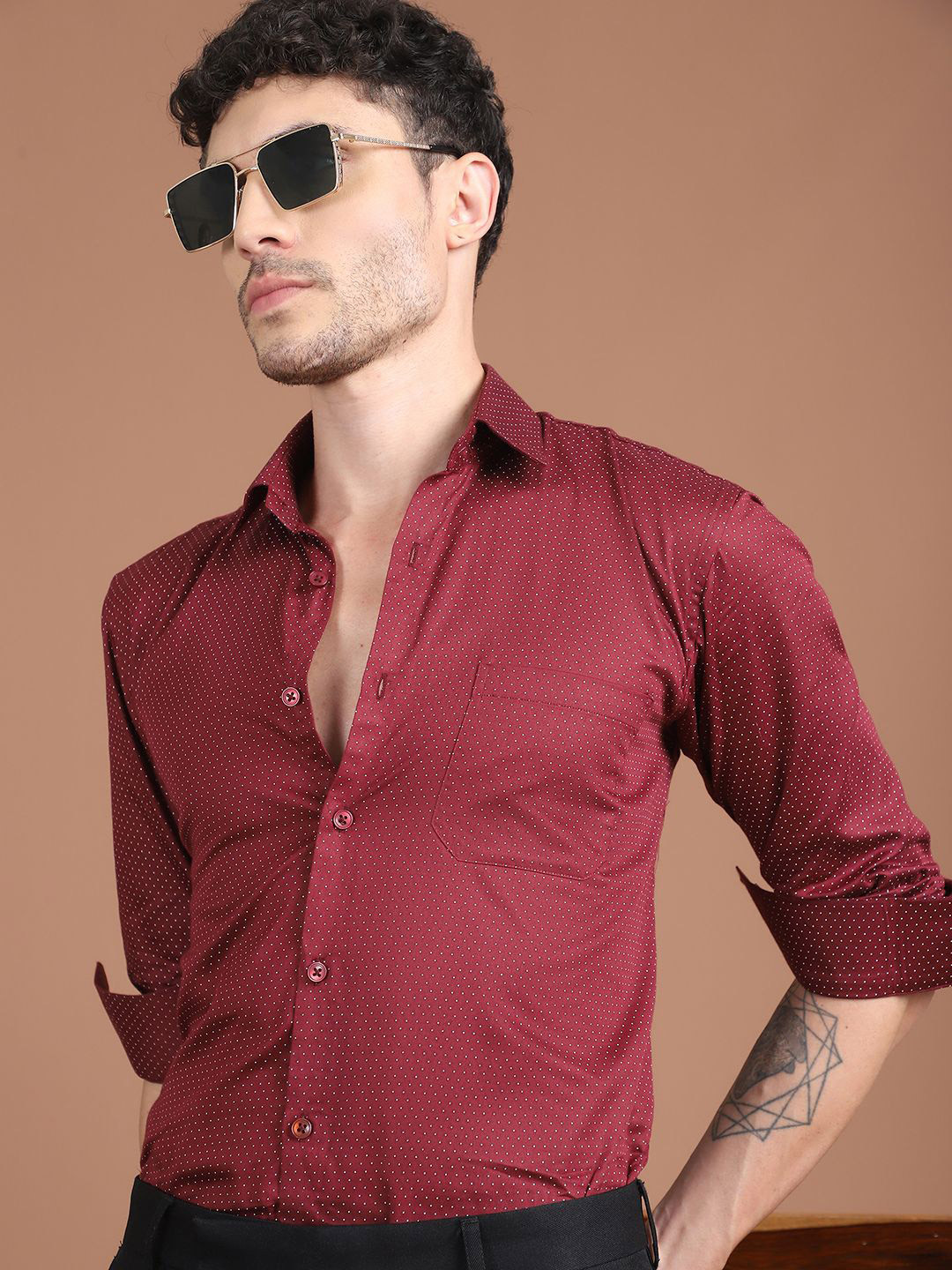 Indian Needle Men Classic Polka Dot Opaque Printed Formal Shirt