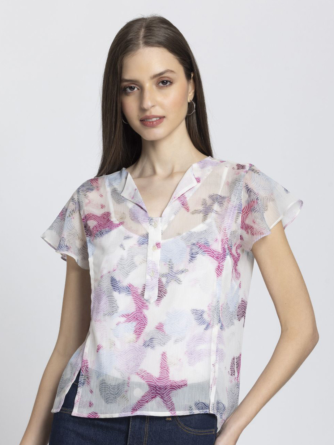 SHAYE Pink Spread Collar Printed Short Sleeves Casual Tops With Cami For Women