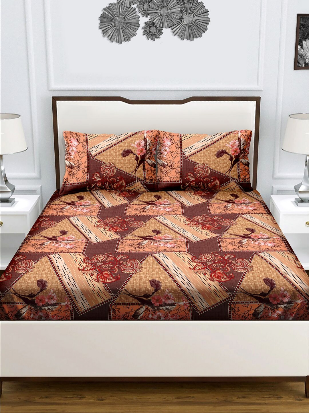 Myntra Elegant Homes Brown Ethnic Motifs Pure Cotton Light Weight 160 TC Queen Bedsheet with 2 Pillow Covers-88 x 100 inches