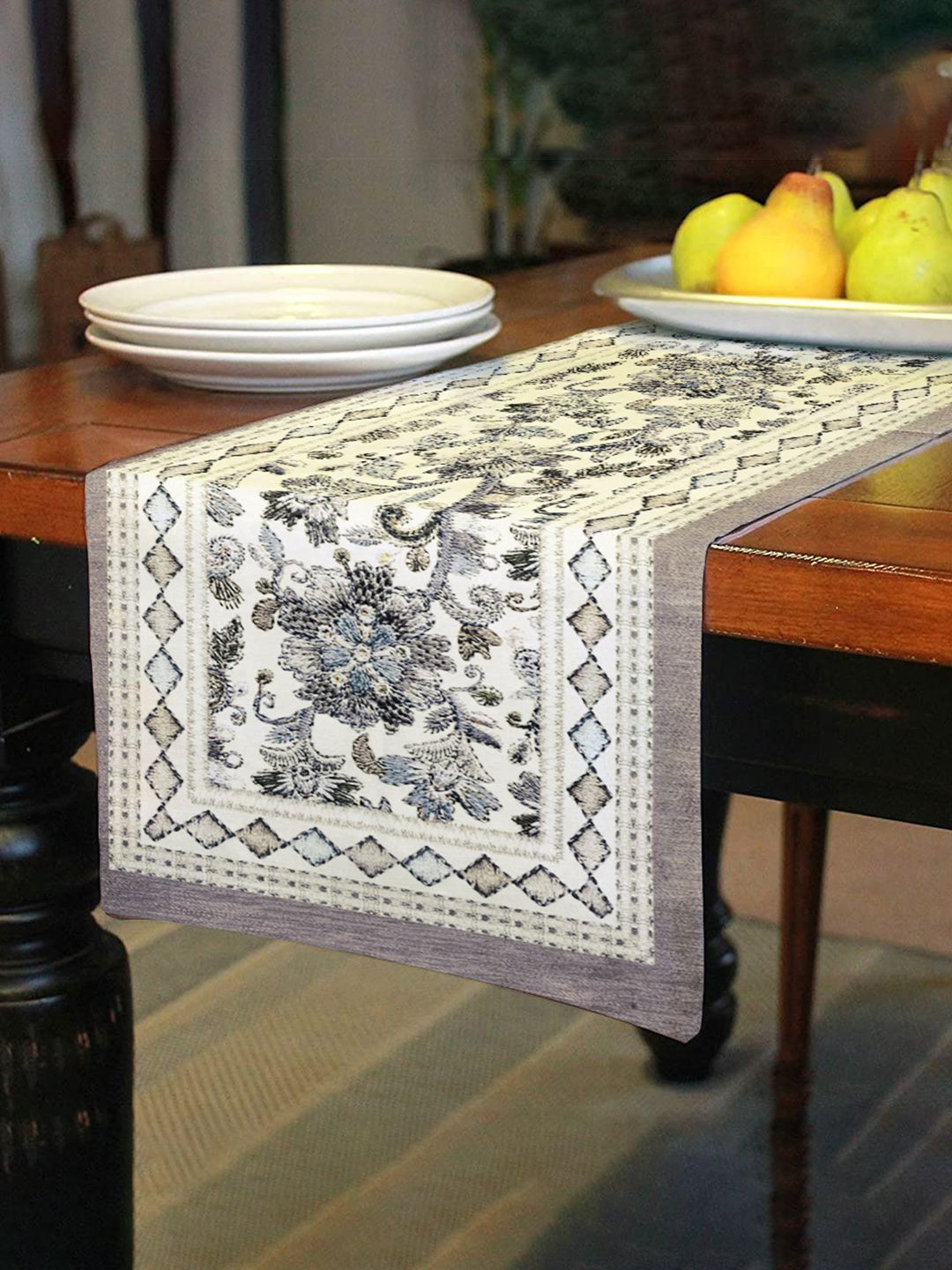 Kuber Industries Grey & White Flower Embroidered Velvet Table Runner
