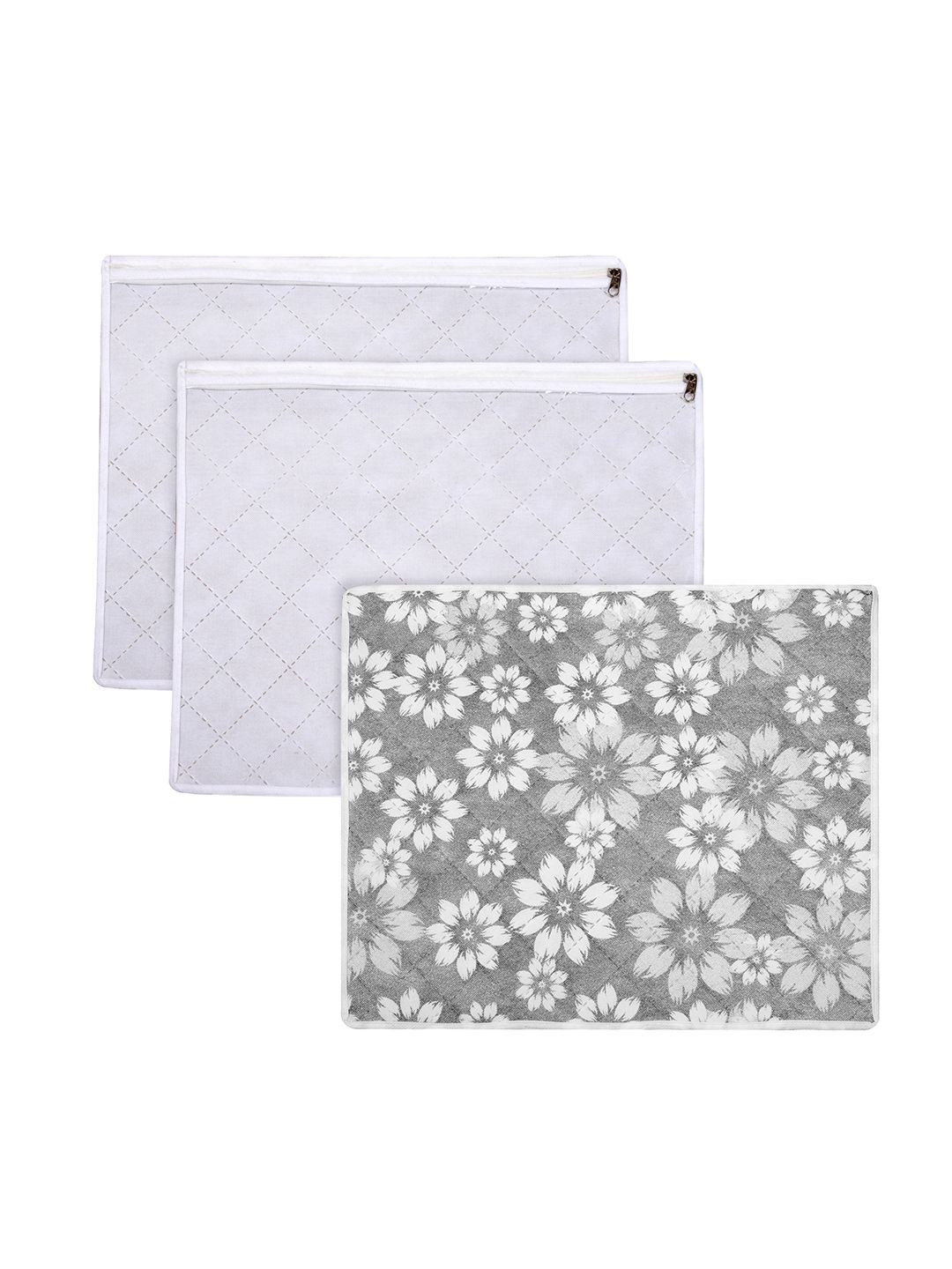 Kuber Industries Grey Pack of 3 Flower Quilted With Top Visible Window Organisers