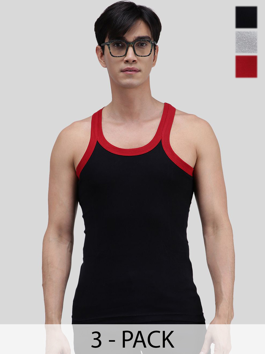 AMUL COMFY Pack Of 3 Pure Cotton Gym Innerwear Vests AC-GVEST-BK-RD-GY-XS-3PC