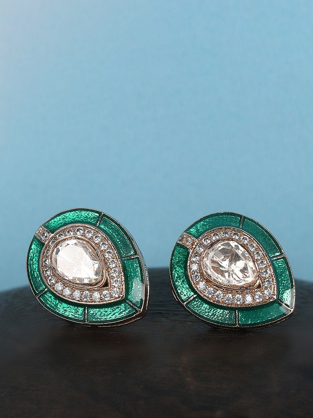 AURAA TRENDS Elegant Emerald Gold-Plated Artificial Beaded Polki Teardrop Shaped Studs