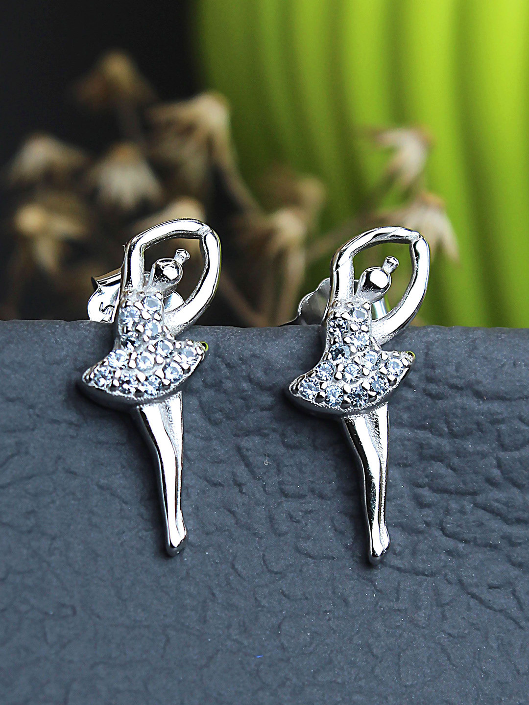 DEVASHREE 925 Sterling Silver Rhodium-Plated Cubic Zirconia Studded Dancing Girl Studs
